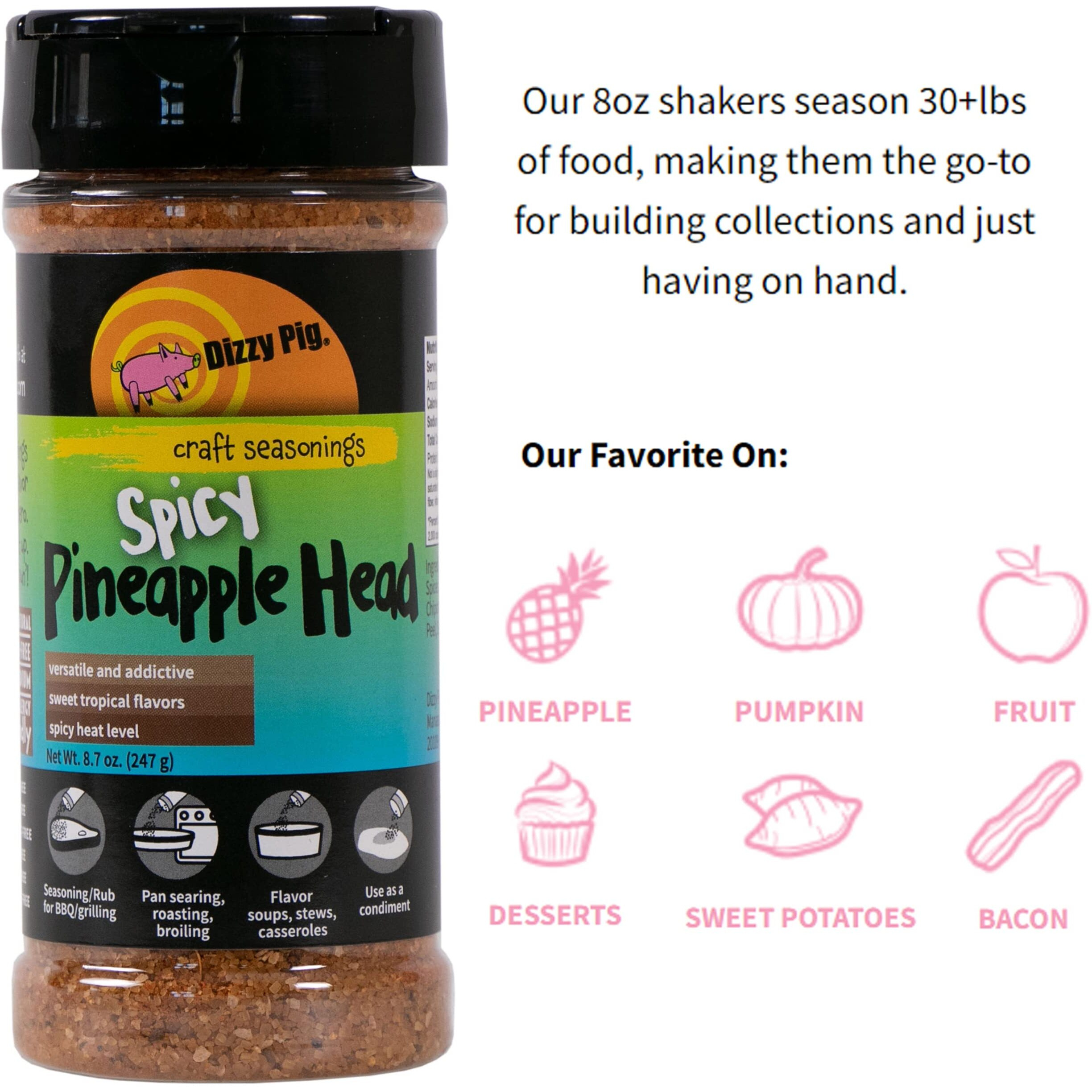 Dizzy Pig Spicy Pineapple Head Tropical Seasoning Rub (8Oz Shaker) - Seasons 30+Lbs Of Food - Hand Made In The Usa - Msg Free, Gluten Free