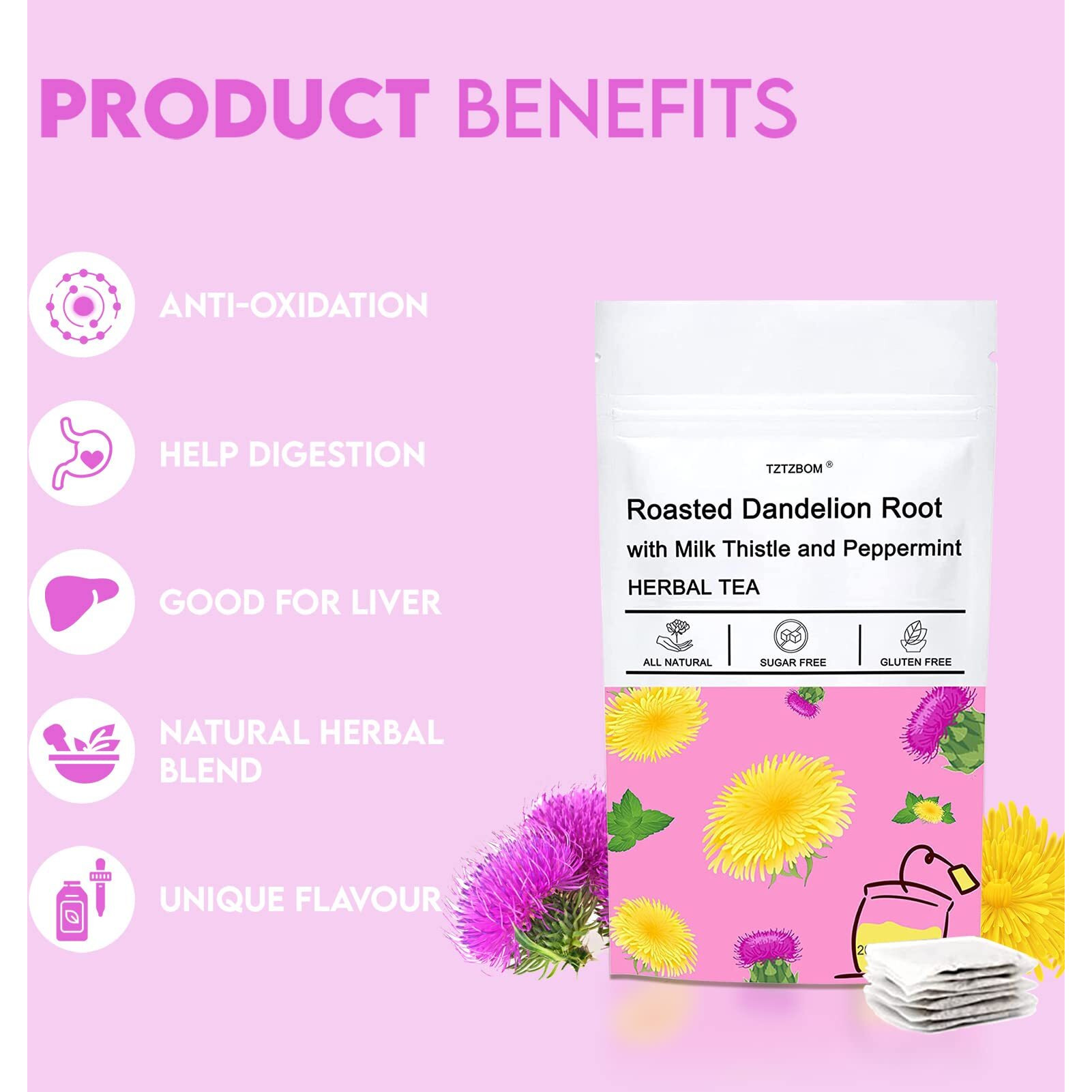 Tztzbom Natural Roasted Dandelion Root With Milk Thistle And Peppermint, Herbal Tea For Liver Cleansing, 20 Tea Bags