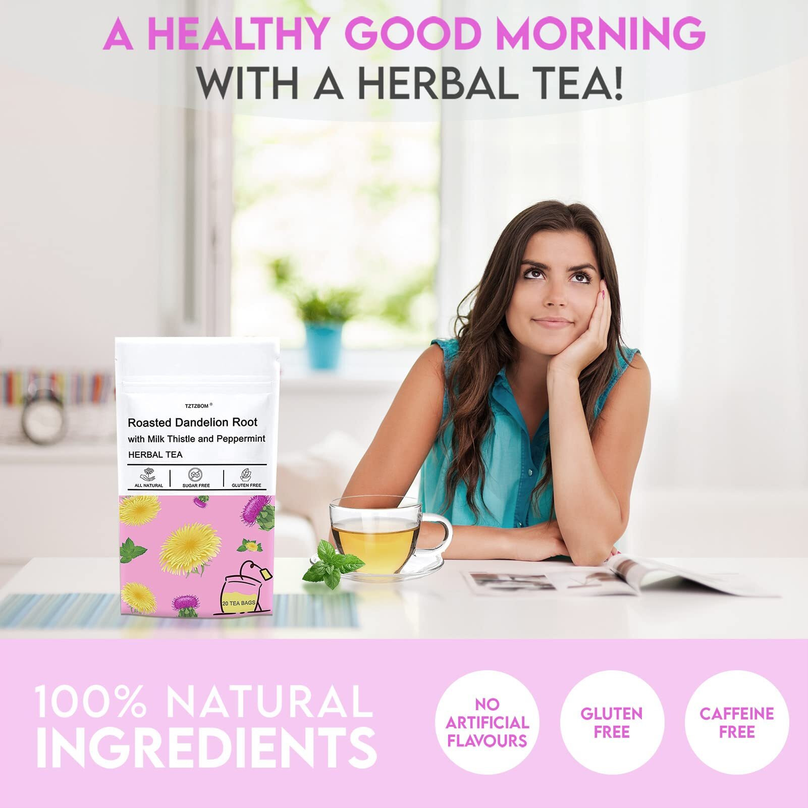 Tztzbom Natural Roasted Dandelion Root With Milk Thistle And Peppermint, Herbal Tea For Liver Cleansing, 20 Tea Bags