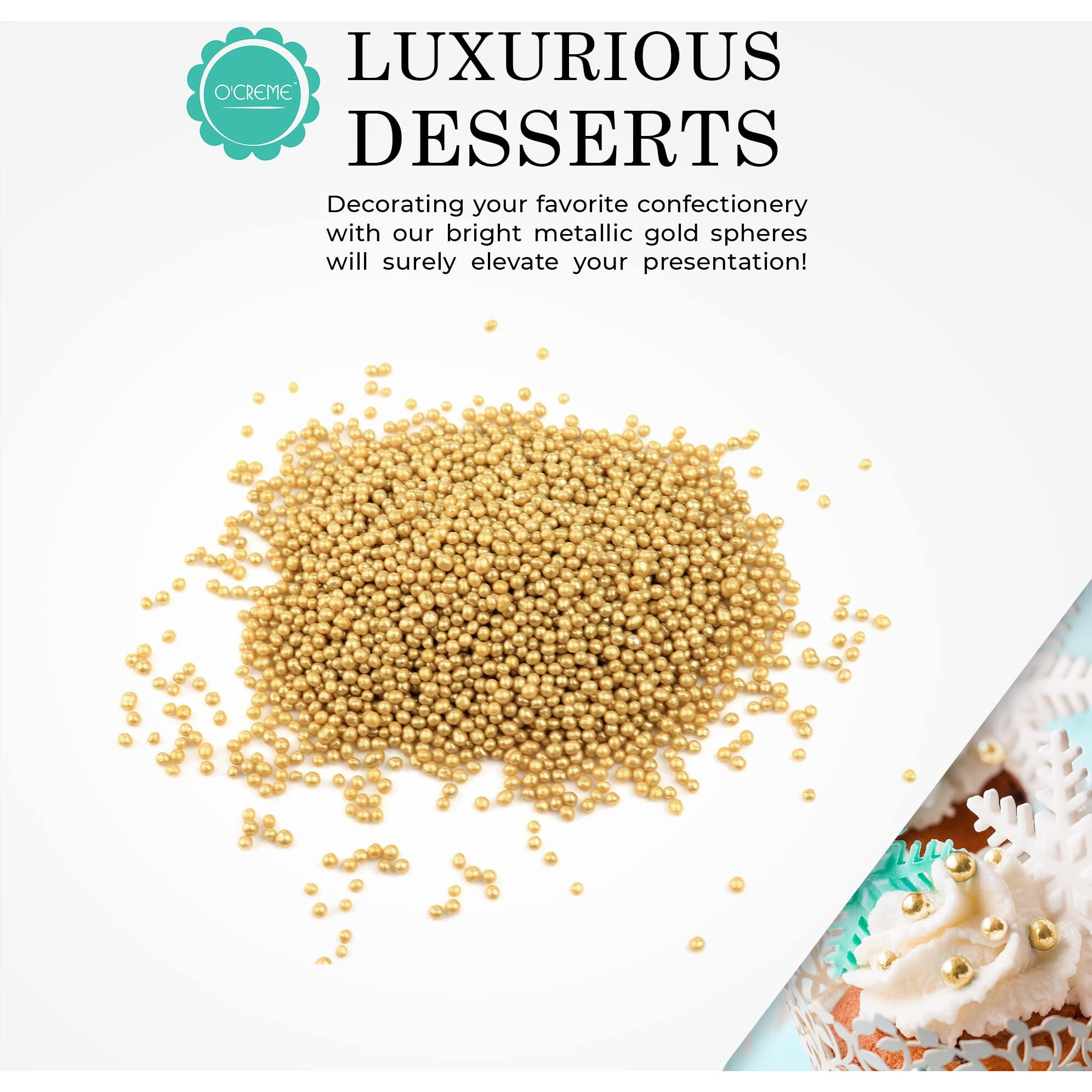 O'Creme Gold Dragees Cake Decorating Supplies For Bakers Cookie, Cupcake, & Icing Toppings, Bright Metallic Sphere Sprinkles Decoration, Decorating Sugar Balls Accents (3Mm, 8Oz) Not-Toxic, Non-Edible