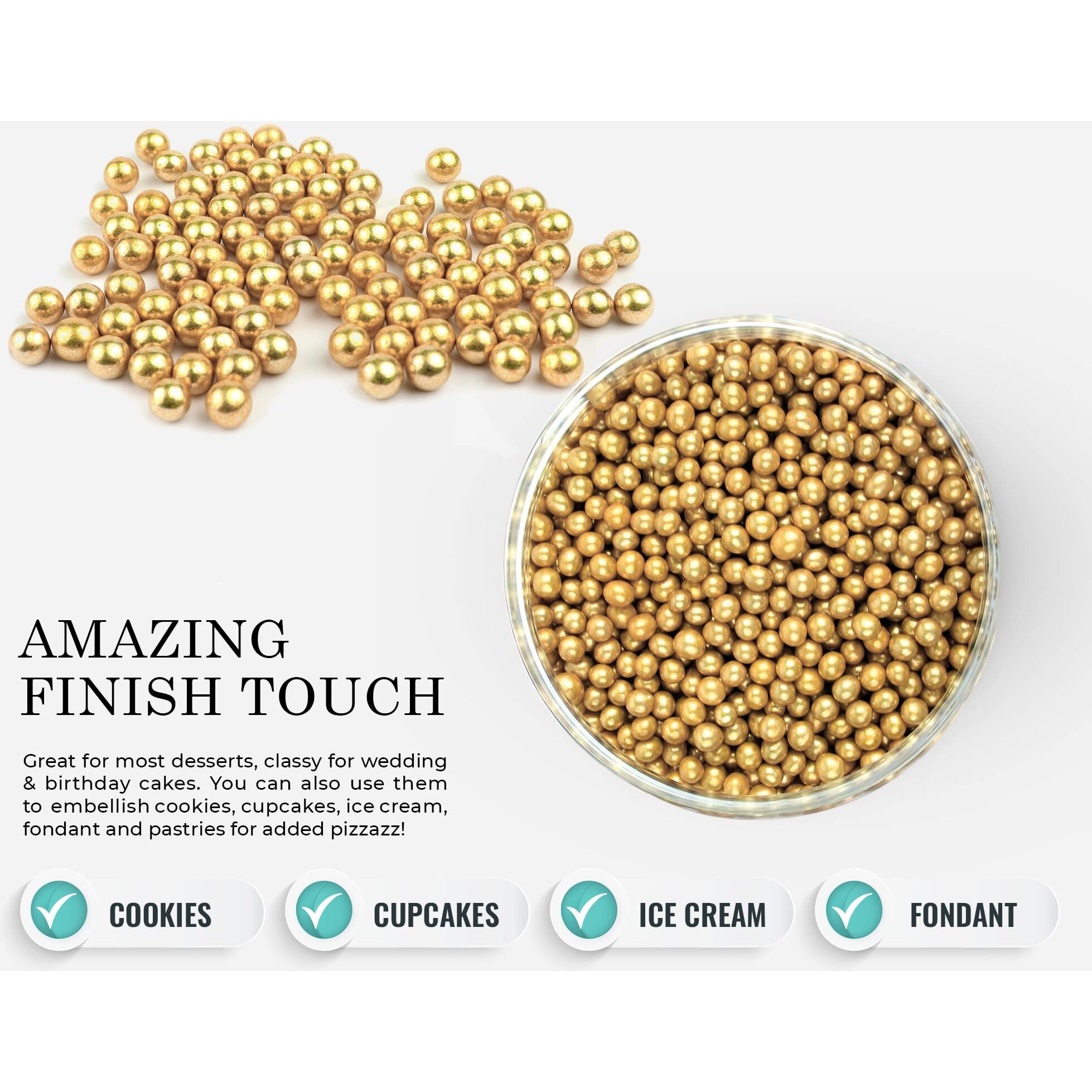 O'Creme Gold Dragees Cake Decorating Supplies For Bakers Cookie, Cupcake, & Icing Toppings, Bright Metallic Sphere Sprinkles Decoration, Decorating Sugar Balls Accents (3Mm, 8Oz) Not-Toxic, Non-Edible