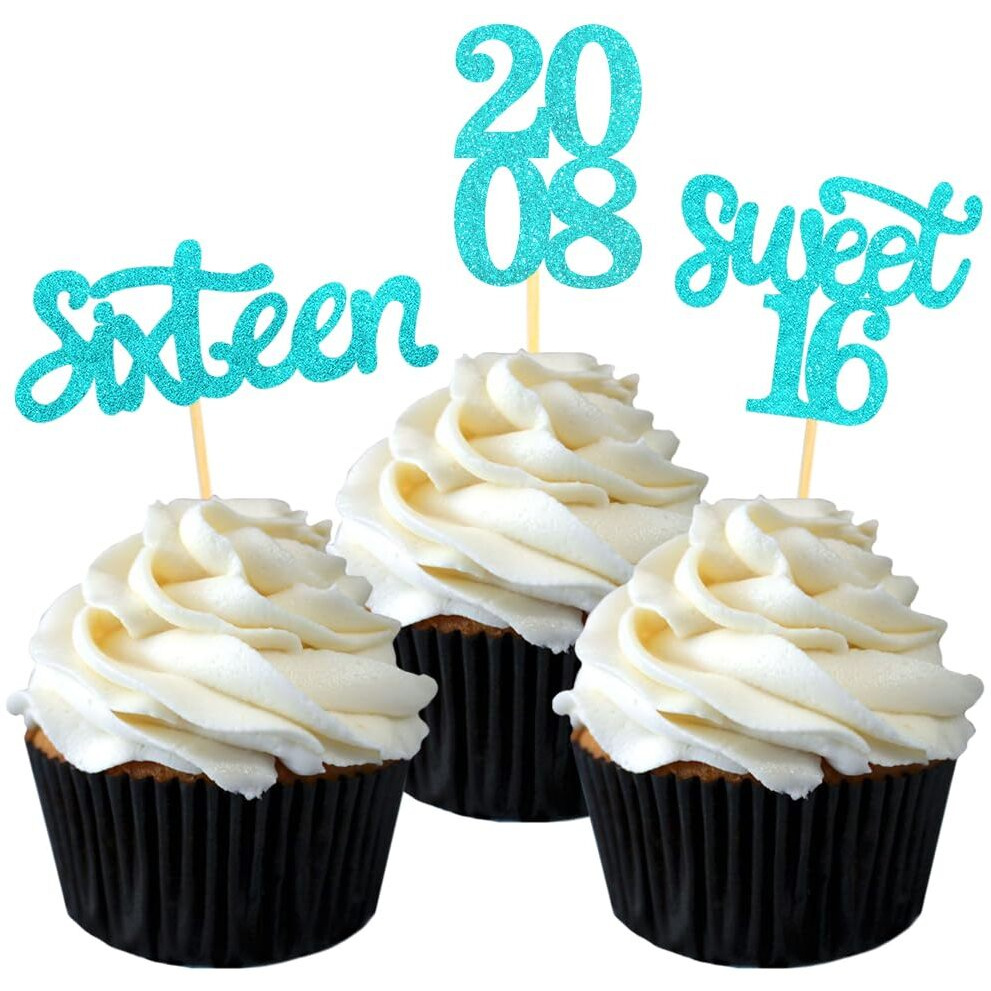 24 Pcs Sweet 16 Blue Glitter Birthday Cupcake Toppers For 16Th Birthday Celebrating Party Decorations (Blue)