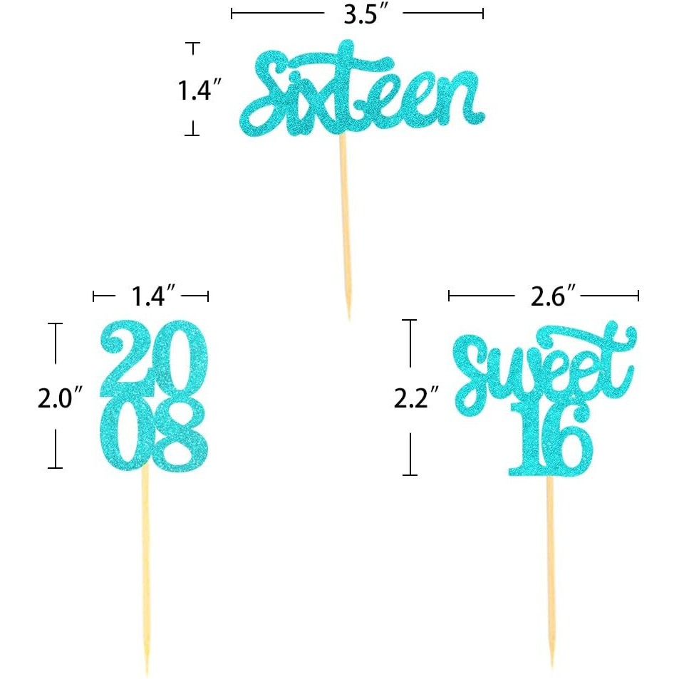 24 Pcs Sweet 16 Blue Glitter Birthday Cupcake Toppers For 16Th Birthday Celebrating Party Decorations (Blue)