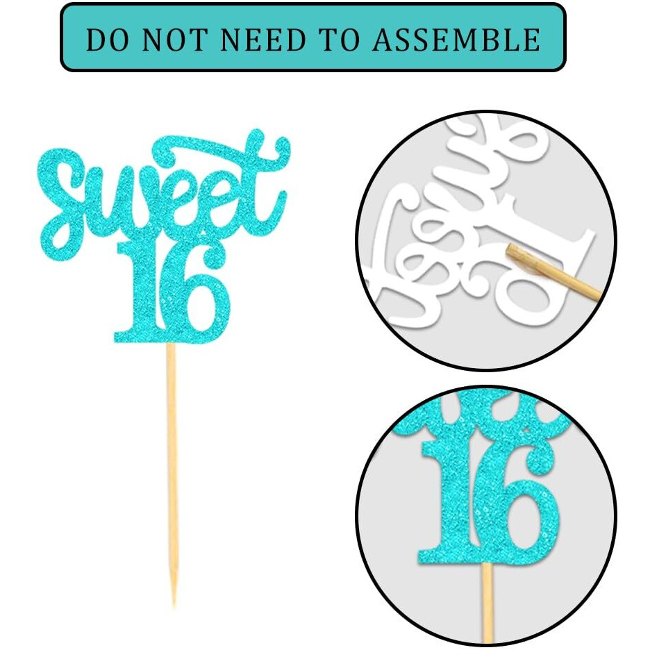 24 Pcs Sweet 16 Blue Glitter Birthday Cupcake Toppers For 16Th Birthday Celebrating Party Decorations (Blue)