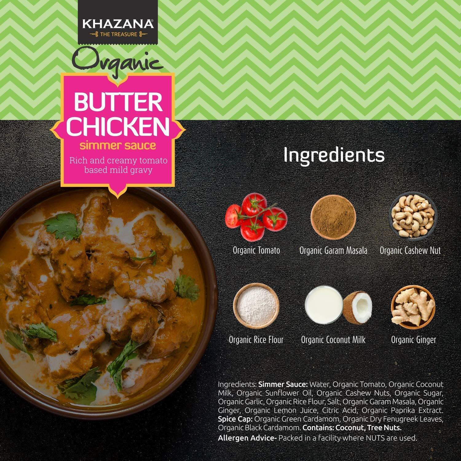 Khazana Organic Butter Chicken Simmer Sauce - 12.7Oz Jar | Non-Gmo, Vegan, Gluten-Free, Kosher | Authentic Indian Meals Made Easy At Home