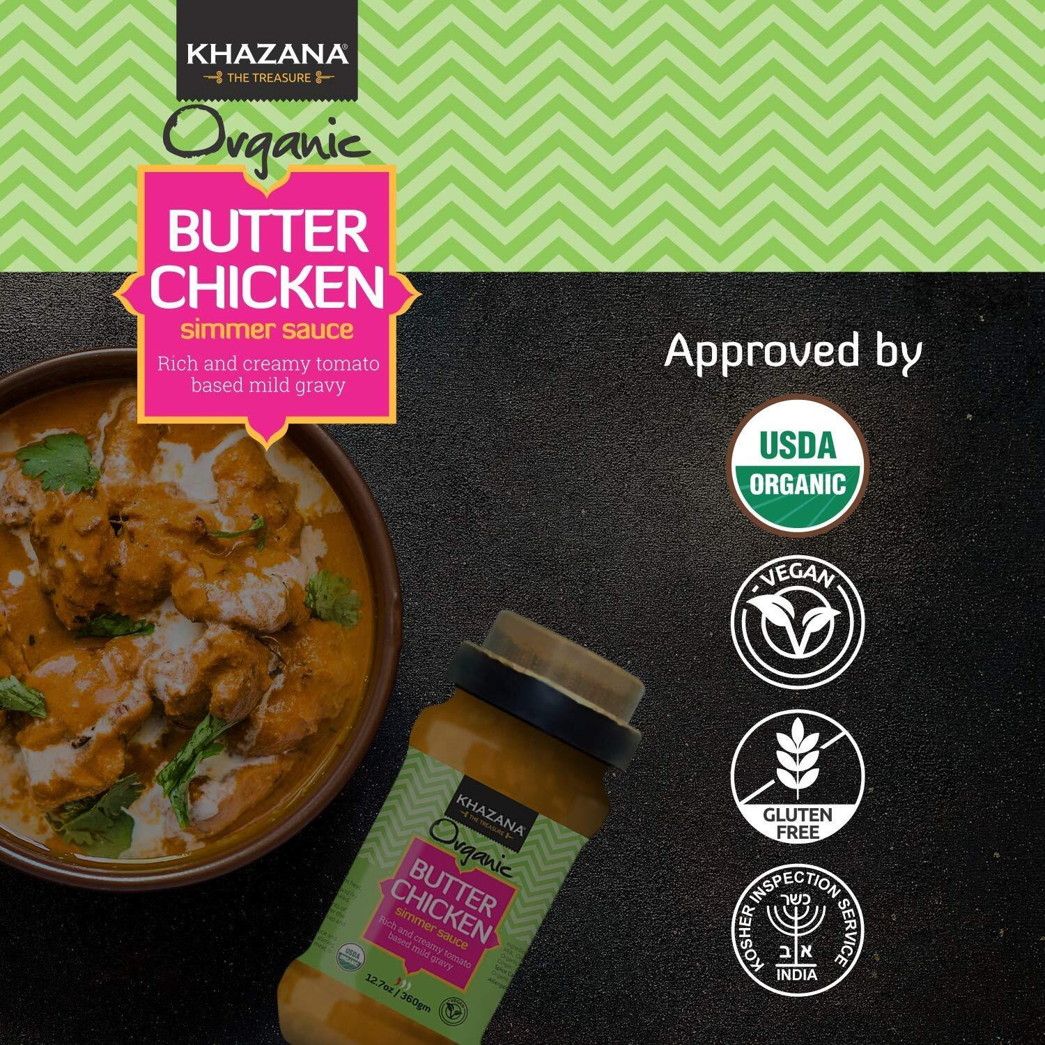 Khazana Organic Butter Chicken Simmer Sauce - 12.7Oz Jar | Non-Gmo, Vegan, Gluten-Free, Kosher | Authentic Indian Meals Made Easy At Home