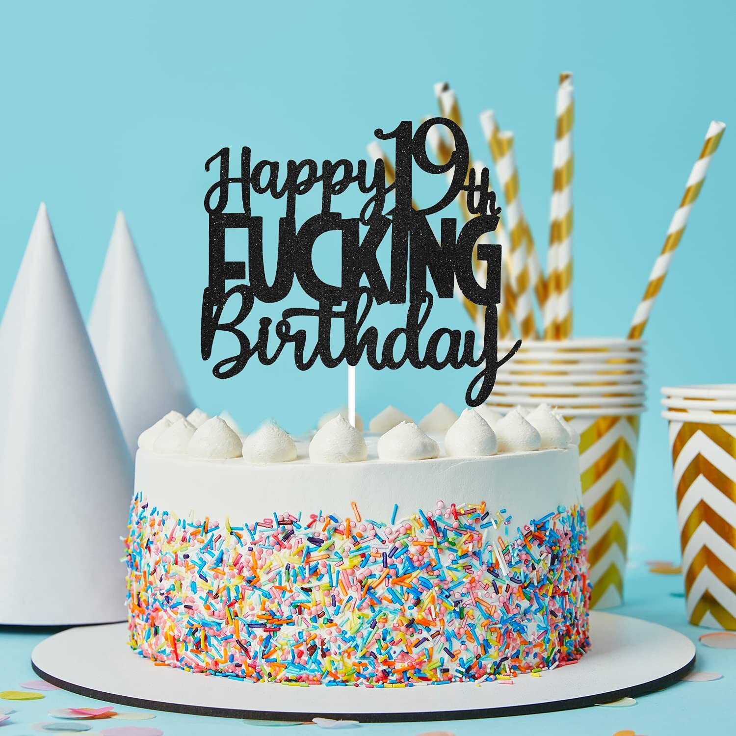 Happy 19Th Fuxking Birthday Cake Topper - Funny Black Glitter Adult 19Th Birthday Cake Supplies - Hello 19 Birthday Cake Decoration