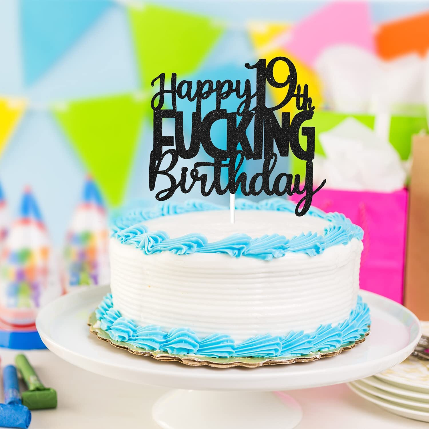 Happy 19Th Fuxking Birthday Cake Topper - Funny Black Glitter Adult 19Th Birthday Cake Supplies - Hello 19 Birthday Cake Decoration