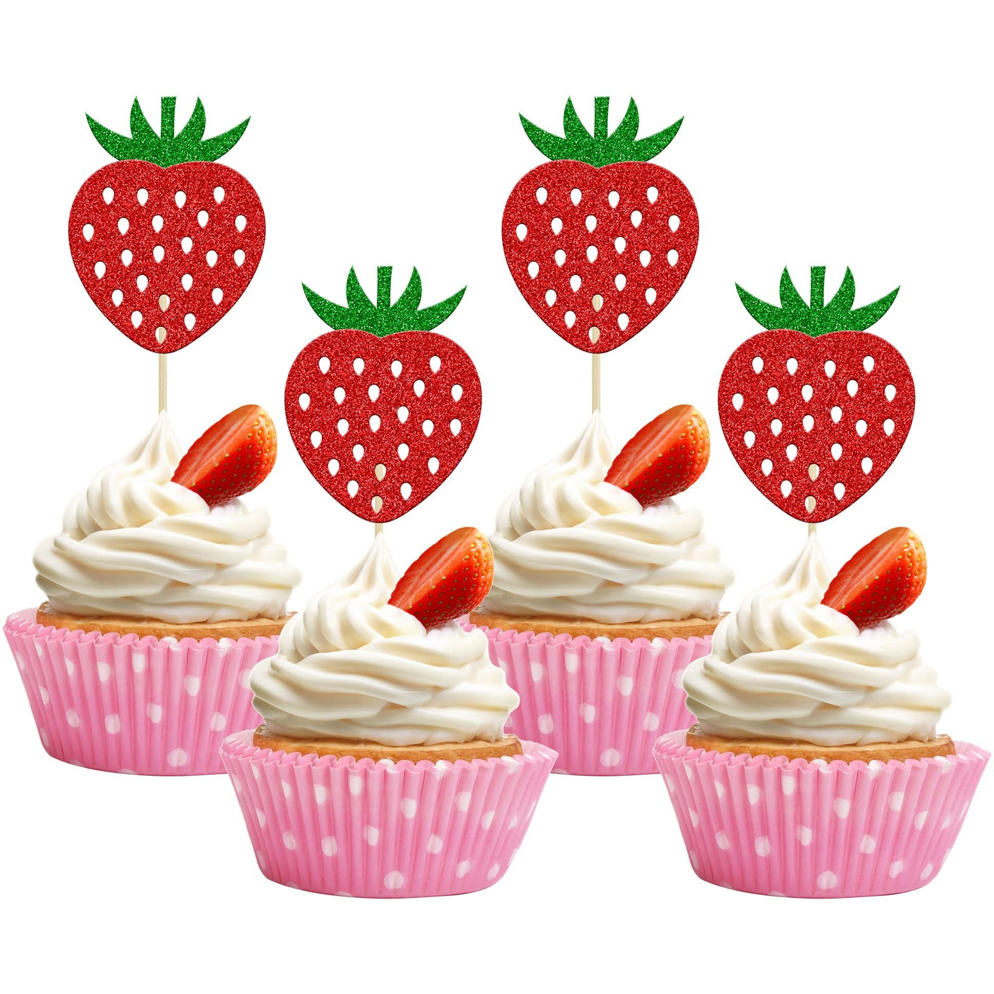 24Pcs Strawberry Cupcake Toppers Red Glitter Fruit Theme Strawberry Cupcake Pick Decorations For Summer Sweet Fruit Baby Shower Kids Birthday Party Cake Decorations Supplies