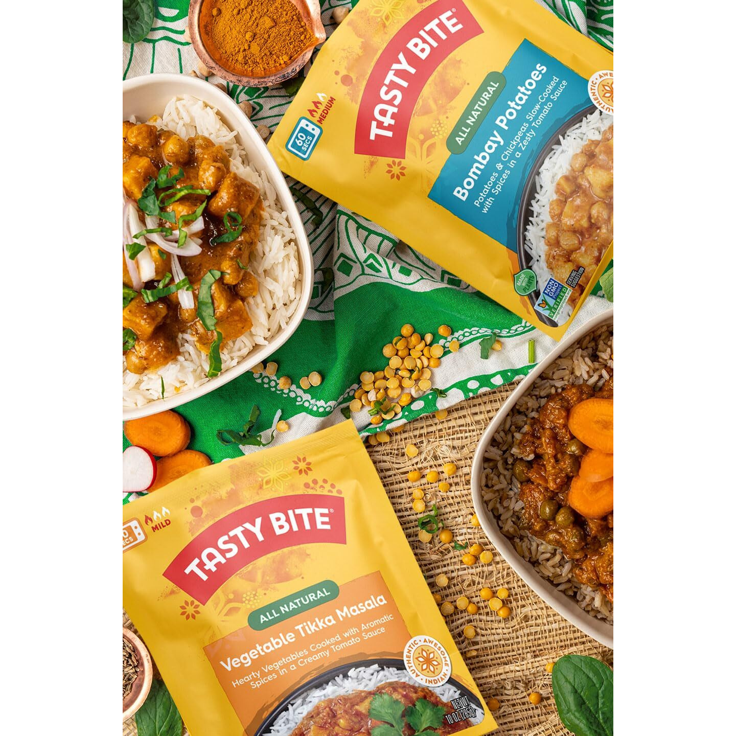 Tasty Bite Variety, Pack Of 8, Madras Lentils, Bombay Potatoes, Vegetable Tikka Masala, Channa Masala, 3Bean Madras Lentils, Split Pea & Turmeric Curry, Coconut Squash Dal, Chickpea Coconut And Turmeric Curry