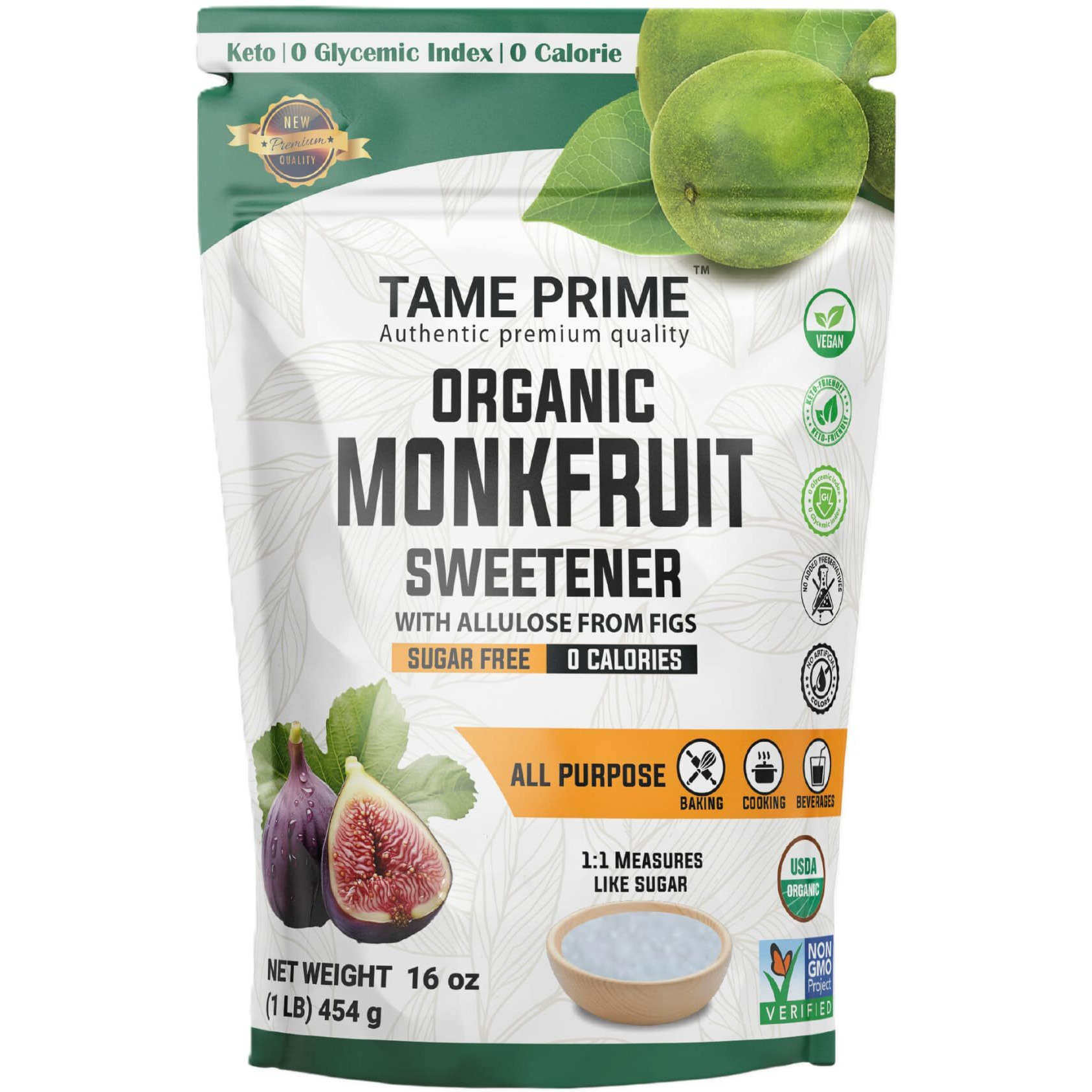 Tame Prime Usda Organic Monkfruit Sweetener With Allulose From Figs, 1 Lb (454 G), 11 Sweet Like Sugar, Organic Monk Fruit Without Erythritol, 0 Calories, 0 Glycemic Index, Keto
