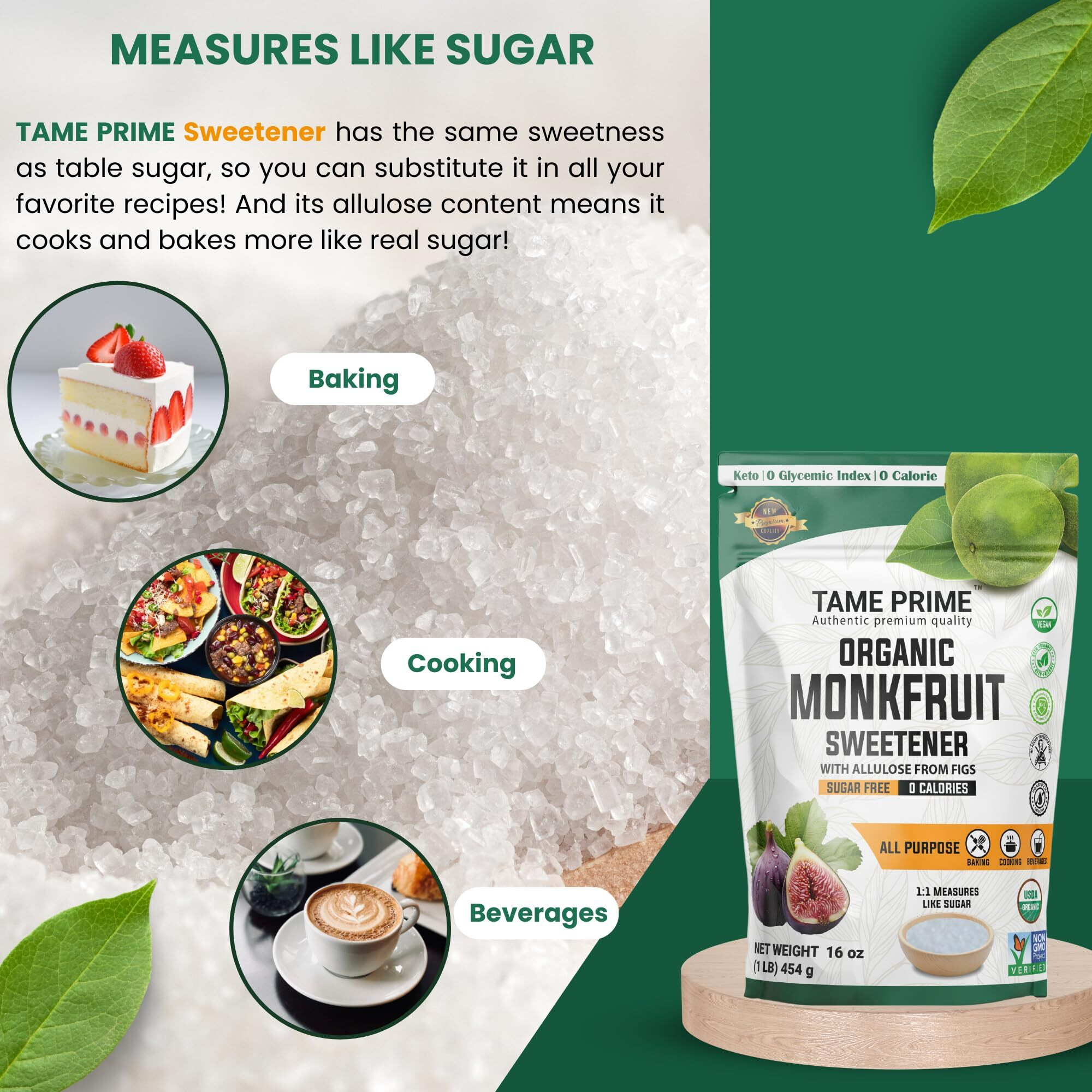 Tame Prime Usda Organic Monkfruit Sweetener With Allulose From Figs, 1 Lb (454 G), 11 Sweet Like Sugar, Organic Monk Fruit Without Erythritol, 0 Calories, 0 Glycemic Index, Keto