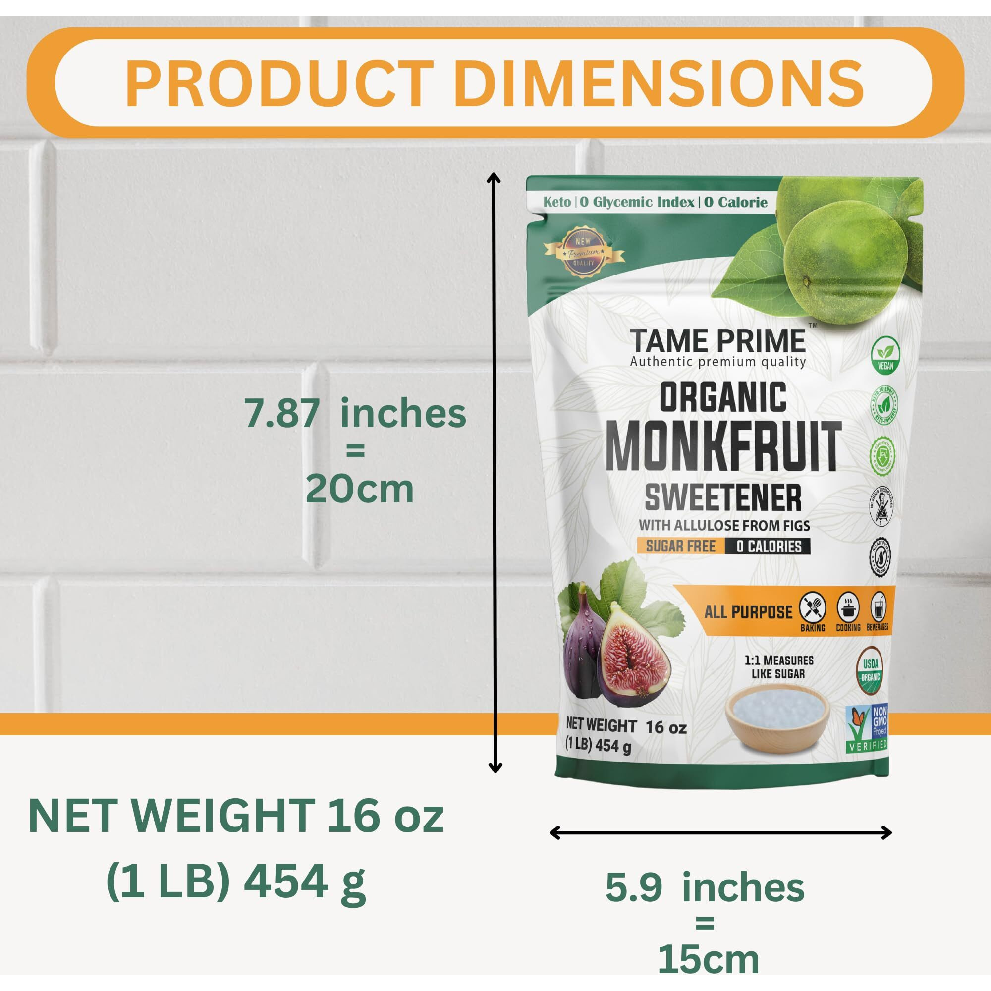 Tame Prime Usda Organic Monkfruit Sweetener With Allulose From Figs, 1 Lb (454 G), 11 Sweet Like Sugar, Organic Monk Fruit Without Erythritol, 0 Calories, 0 Glycemic Index, Keto