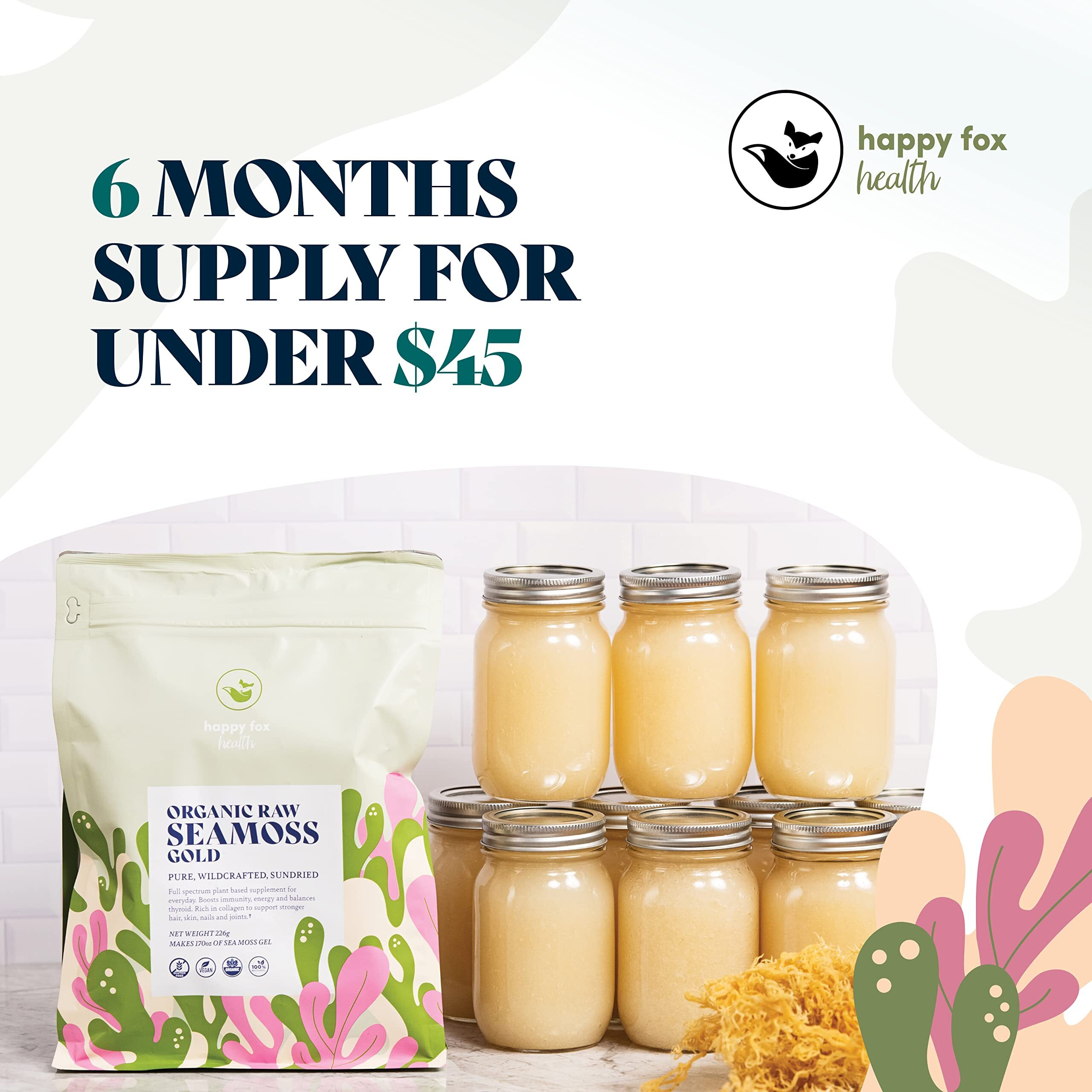 Happy Fox Sea Moss Raw Organic For Organic Seamoss Gel Makes 170Oz Of Dr Sebi Sea Moss Gel - Certified Non-Gmo, Wildcrated Organic Raw Sea Moss - 6 Mos Supply Of Seamoss Gel - 226 Gram Bag