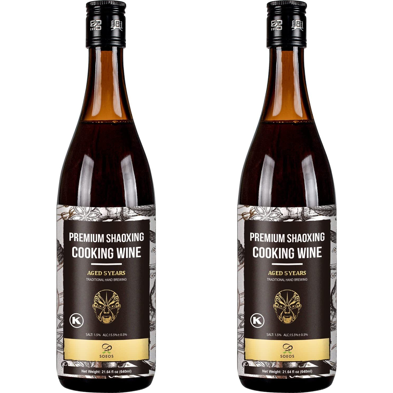 Soeos Shaoxing Wine,Shaoxing Rice Wine,Chinese Cooking Wine,Rice Cooking Wine,Shaoxing Wine Chinese Cooking Wine,Shaohsing Wine,Shao Hsing Rice Wine,21.64 Fl Oz,2 Packs,Premium 5 Yrsaged Cooking Wine
