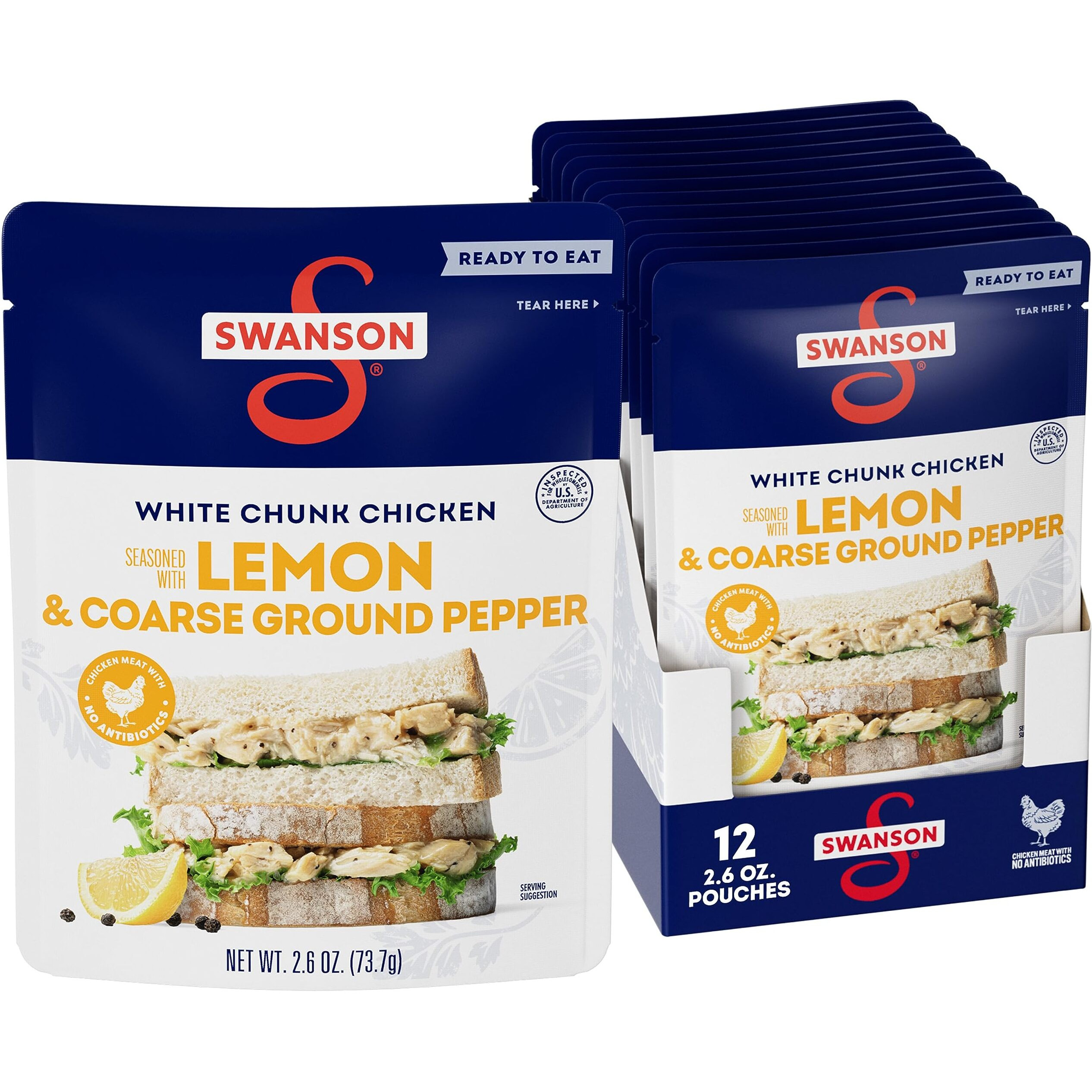 Swanson Lemon And Coarse Ground Pepper White Chunk Cooked Chicken, Ready To Eat, On-The-Go Meals, 2.6 Oz Pouch (Case Of 12)