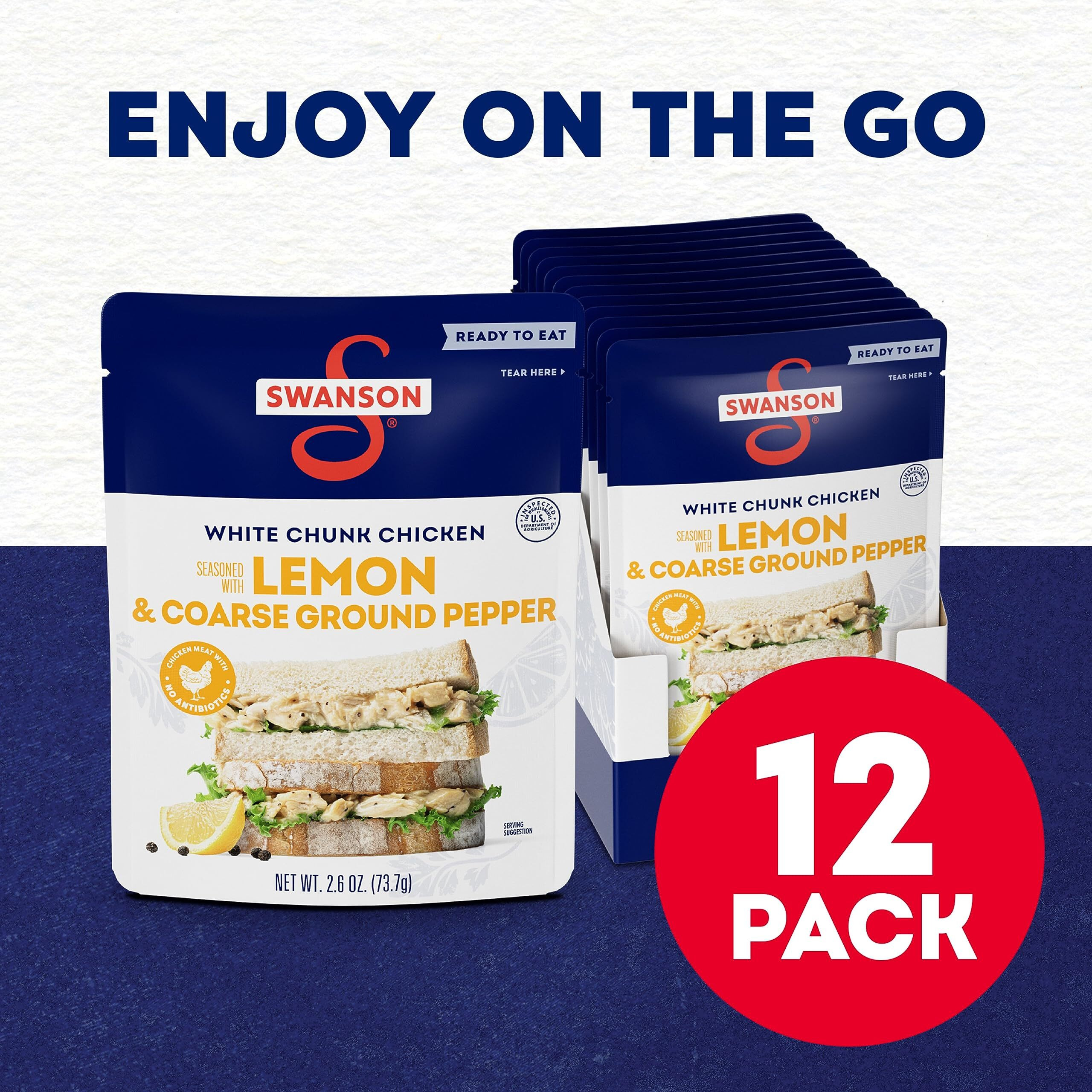 Swanson Lemon And Coarse Ground Pepper White Chunk Cooked Chicken, Ready To Eat, On-The-Go Meals, 2.6 Oz Pouch (Case Of 12)
