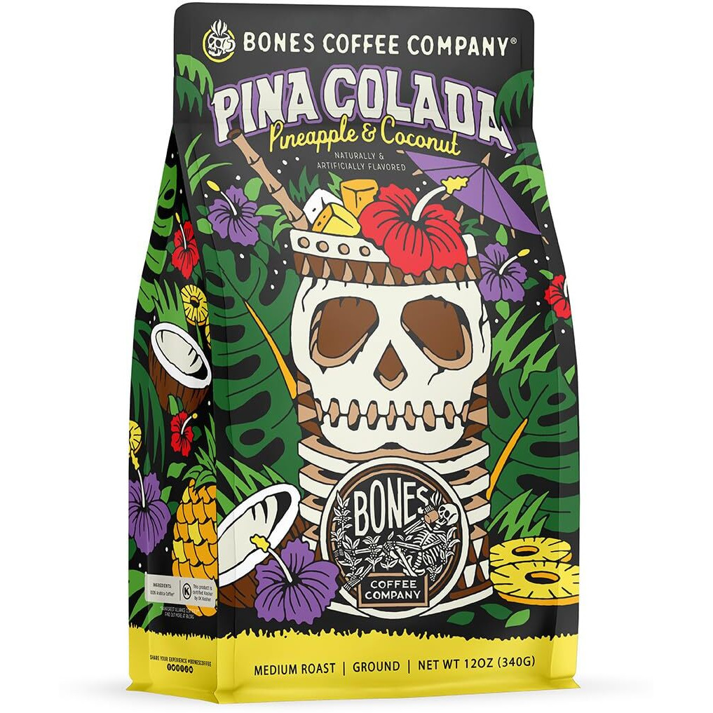 Bones Coffee Company Pina Colada Ground Coffee Beans | 12 Oz Flavored Coffee Gifts Low Acid Medium Roast Gourmet Coffee (Ground)