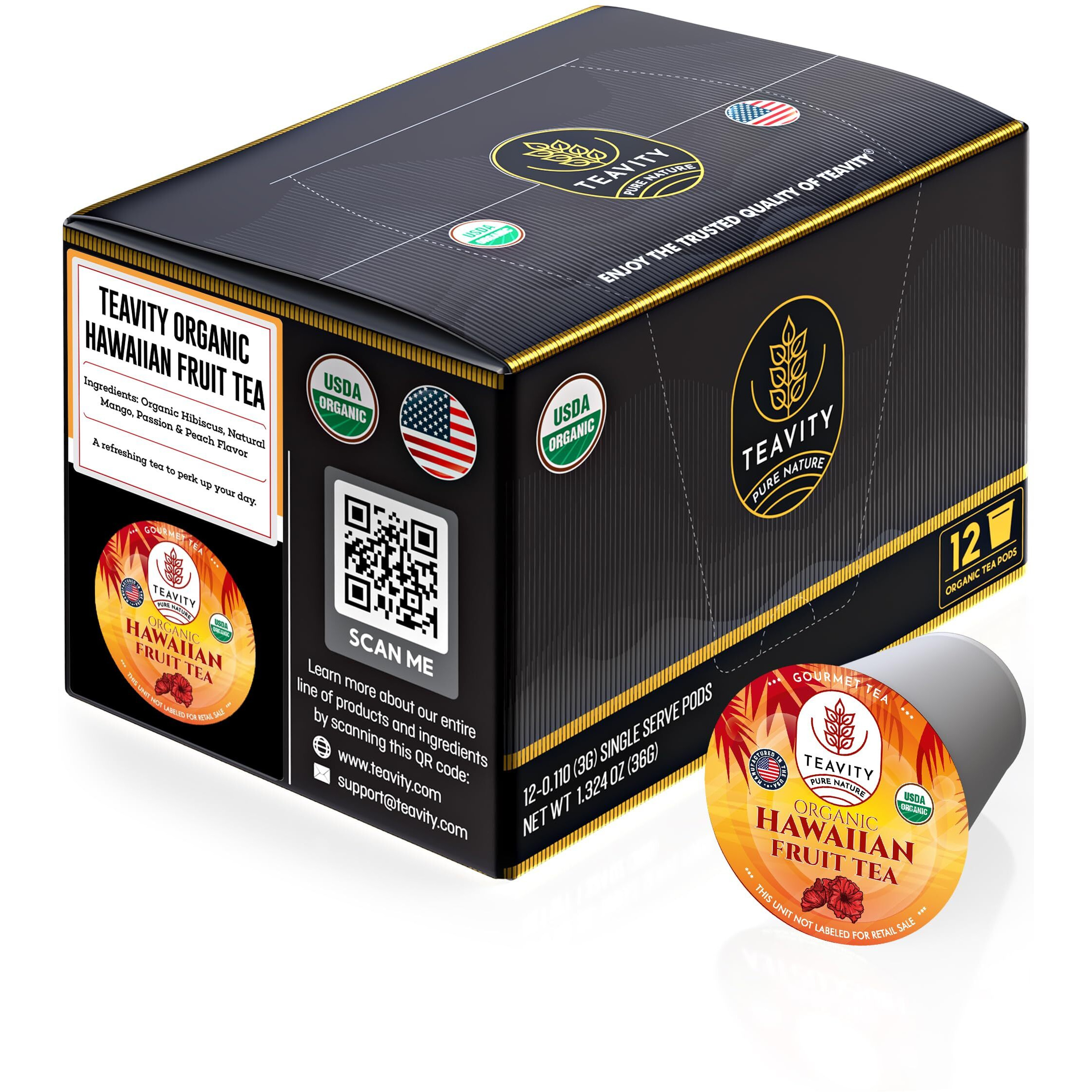Organic Hibiscus Sabdariffa Tea Pods With Peach, Mango, & Passionfruit - Naturally Decaf Tea - Hawaiian Fruit Tea By Teavity (12 Tea Pods)