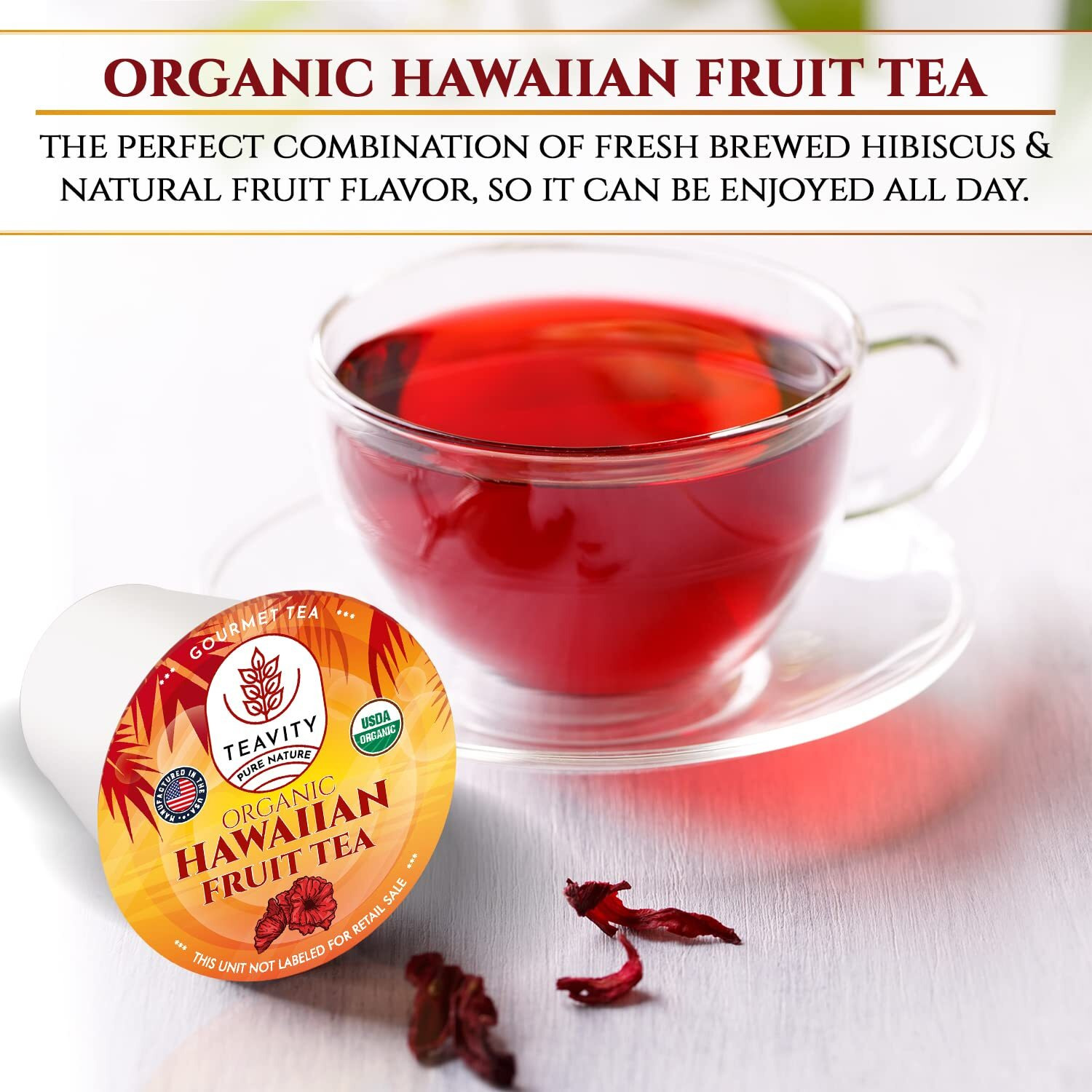 Organic Hibiscus Sabdariffa Tea Pods With Peach, Mango, & Passionfruit - Naturally Decaf Tea - Hawaiian Fruit Tea By Teavity (12 Tea Pods)