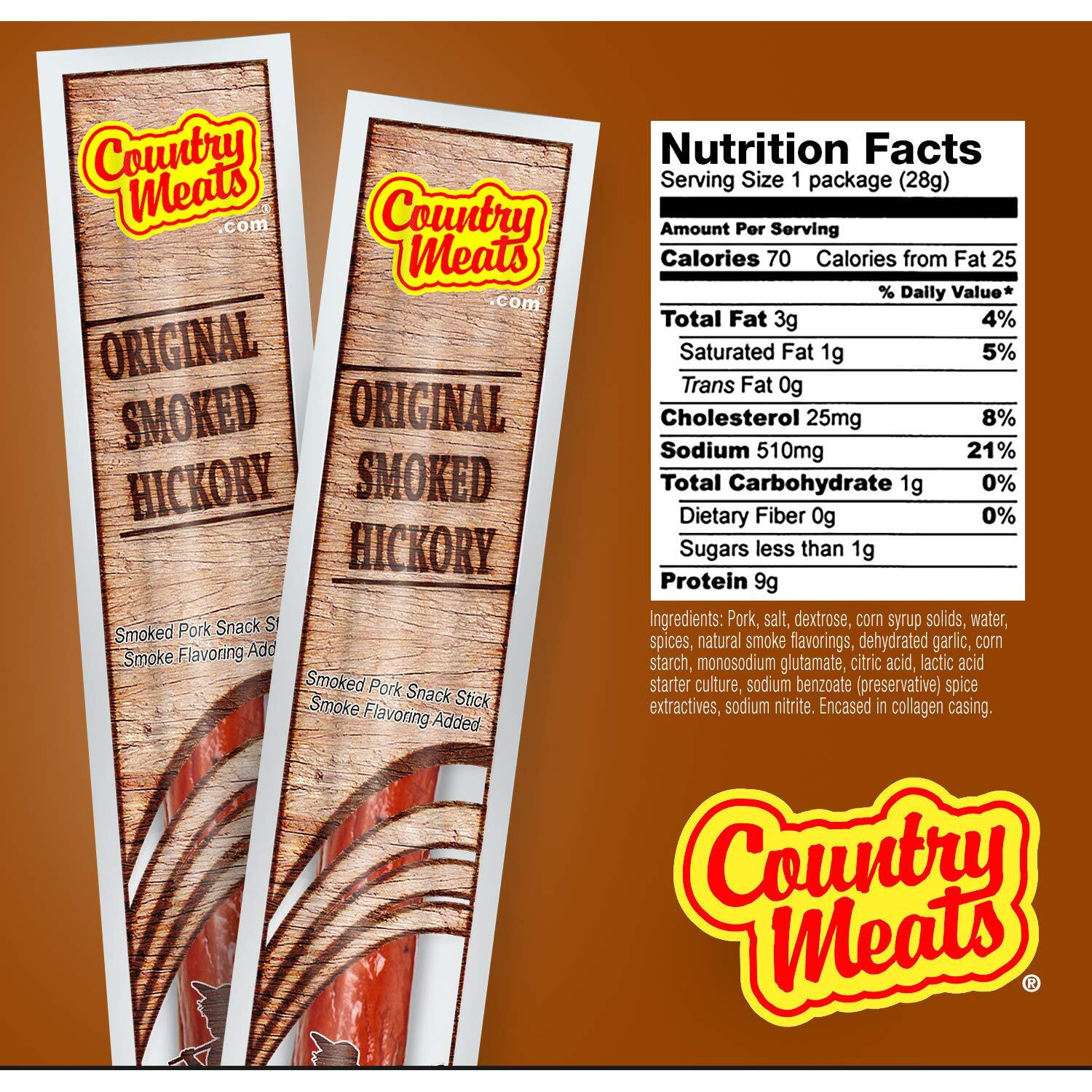 Country Meats, Meat Sticks, 0 Trans Fat, Usda Certified, Good Source Of Protein, Carb Conscious Snack (10 Meat Sticks, Original Smoked Hickory)