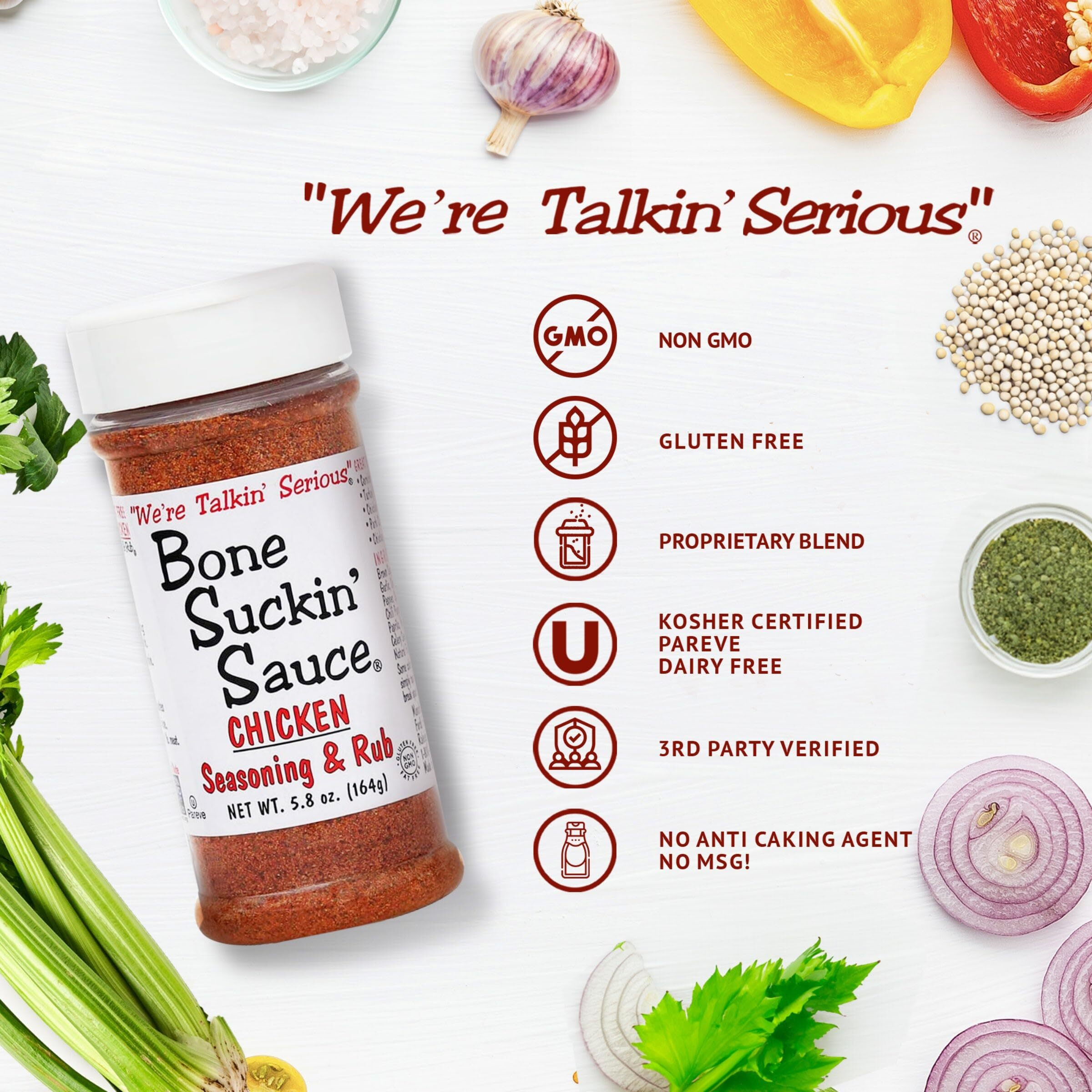 Bone Suckin' Sauce Chicken Seasoning & Rub With Garlic & Sage, Perfect For Chicken, Turkey, Other Poultry, Fish - Brown Sugar, Garlic, Onion, Spices - Non-Gmo, Gluten-Free