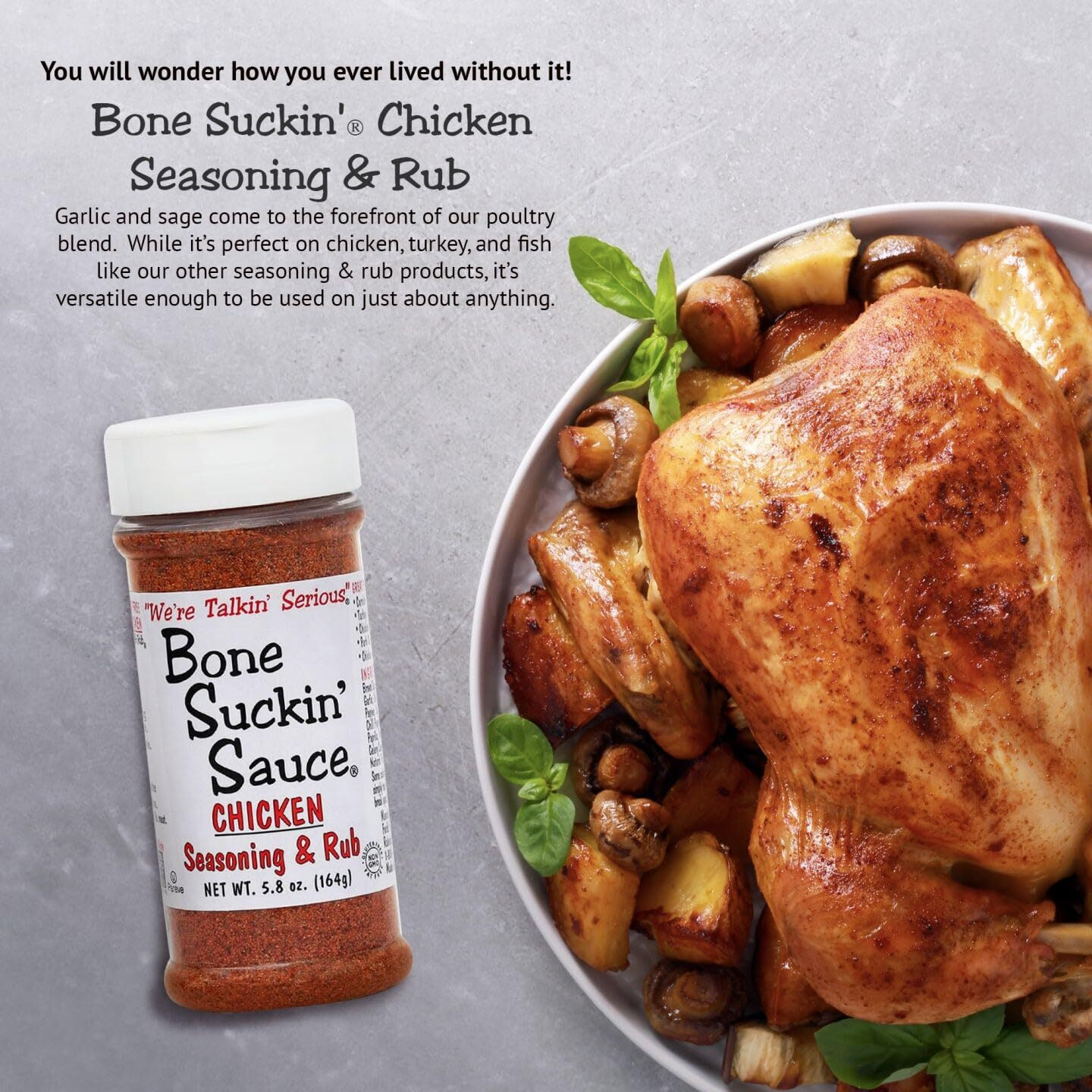 Bone Suckin' Sauce Chicken Seasoning & Rub With Garlic & Sage, Perfect For Chicken, Turkey, Other Poultry, Fish - Brown Sugar, Garlic, Onion, Spices - Non-Gmo, Gluten-Free