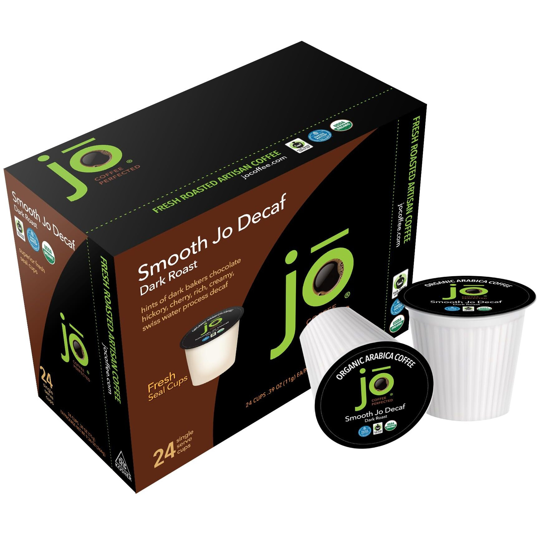 Smooth Jo Decaf 96 Cups, Organic Dark French Roast, Swiss Water Process Coffee For Keurig K-Cup Compatible Brewers, Fresh Seal Cups, Rich Creamy, Fair Trade Certified, Kosher, Non-Gmo, Gluten Free