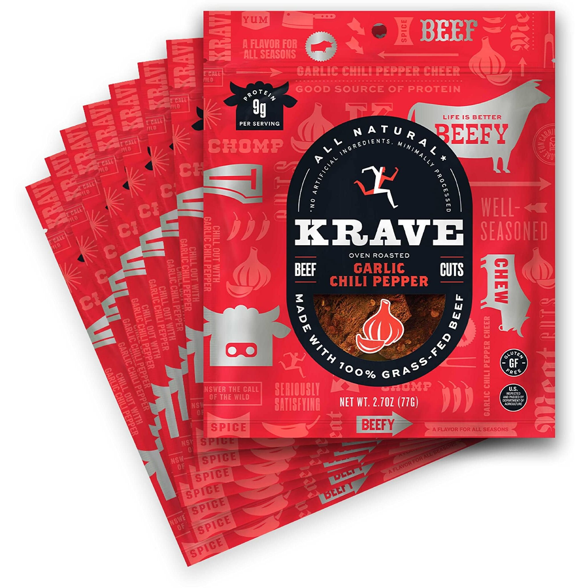 Krave All Natural Beef Jerky, Garlic Chili Pepper - Protein Packed Snacks Roasted For Maximum Flavor - 100% Grass Fed Beef - Gluten Free - 2.7 Ounce (Pack Of 8)