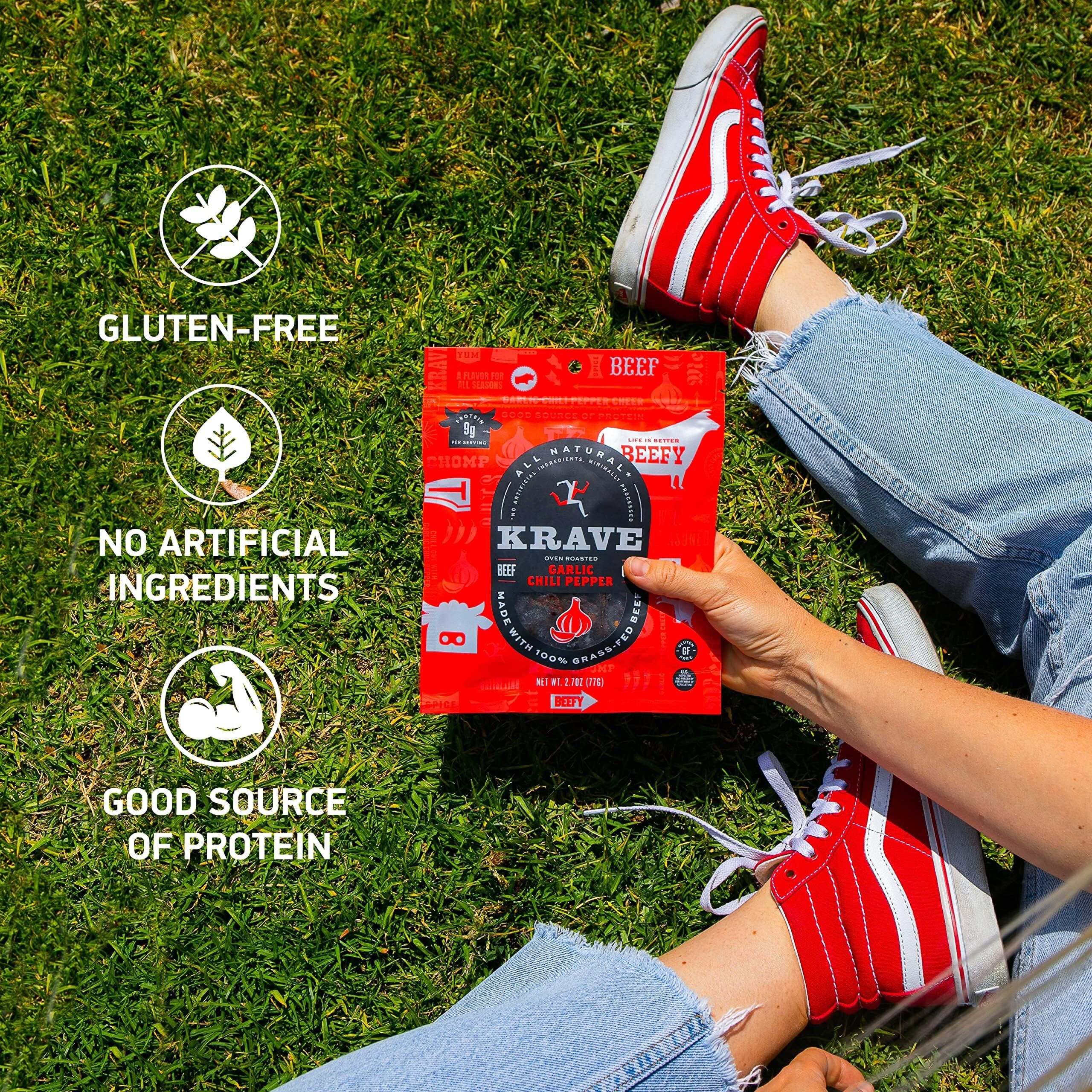 Krave All Natural Beef Jerky, Garlic Chili Pepper - Protein Packed Snacks Roasted For Maximum Flavor - 100% Grass Fed Beef - Gluten Free - 2.7 Ounce (Pack Of 8)