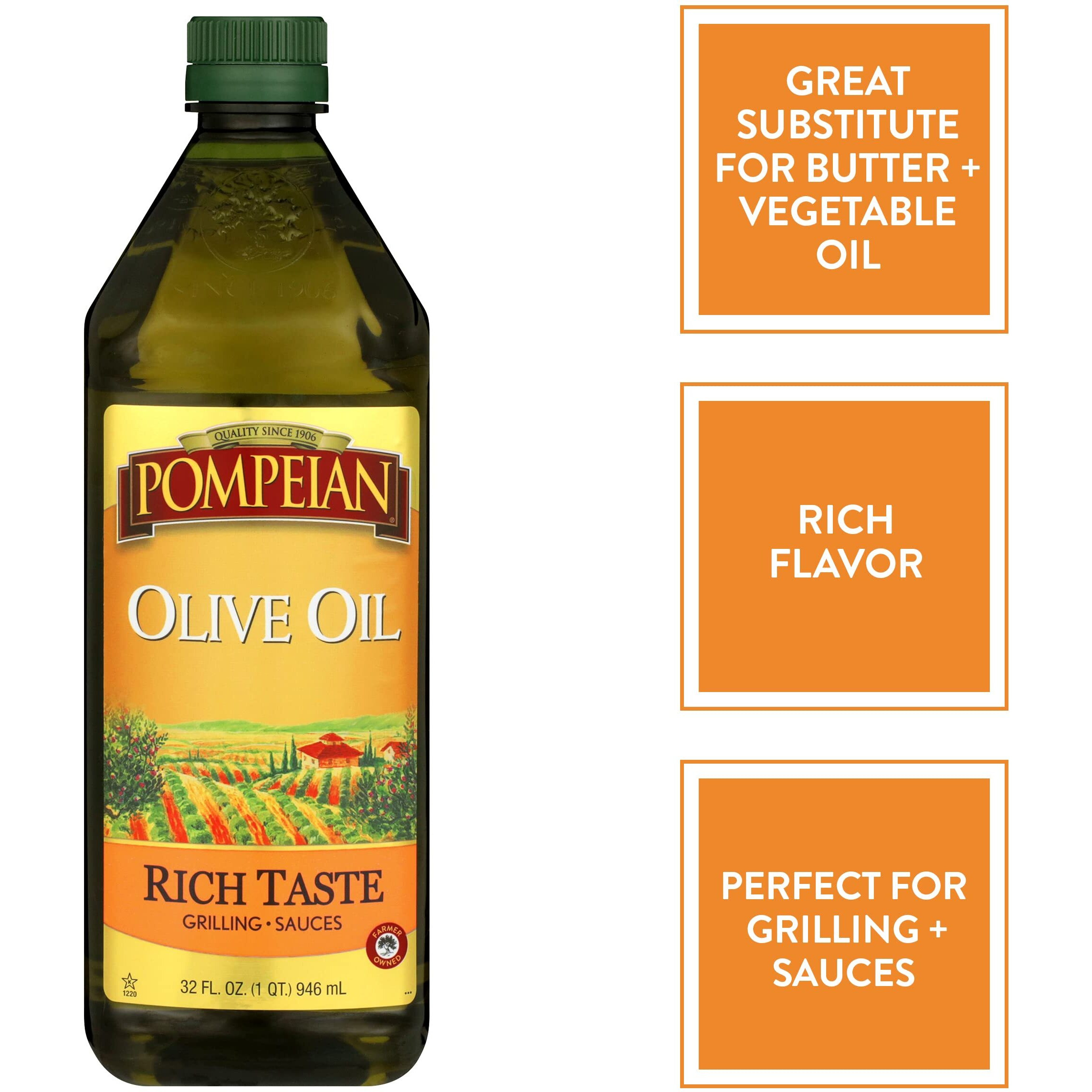 Pompeian Rich Taste Olive Oil, Full Flavor, Perfect For Grilling & Sauces, Naturally Gluten Free, Non-Allergenic, Non-Gmo, 32 Fl. Oz.
