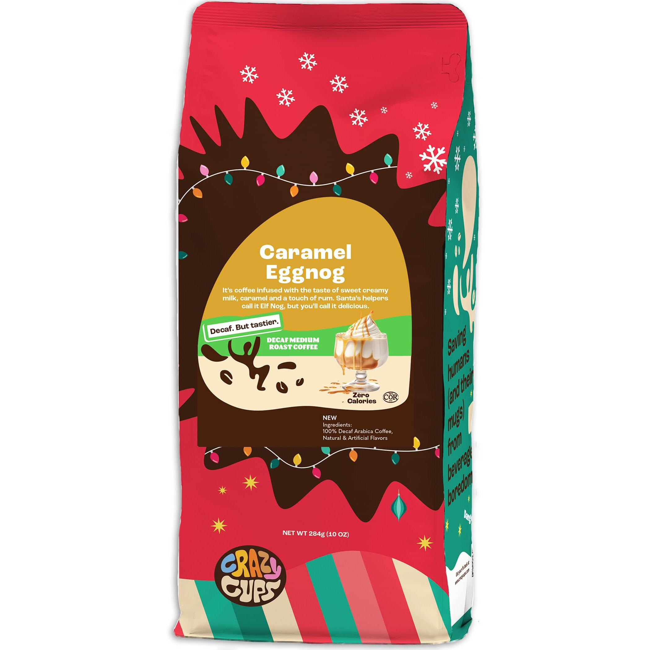Crazy Cups Flavored Ground Decaf Eggnog Coffee, Decaffeinated Caramel Eggnog Coffee In 10 Oz Bag, For Brewing Flavored Hot Or Iced Coffee, (Pack Of 1)