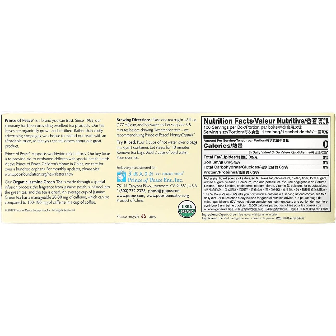 Prince Of Peace Organic Jasmine Green Tea, 2 Pack - 100 Tea Bags Each - 100% Organic Green Tea - Unsweetened Green Tea - Lower Caffeine Alternative To Coffee - Herbal Health Benefits