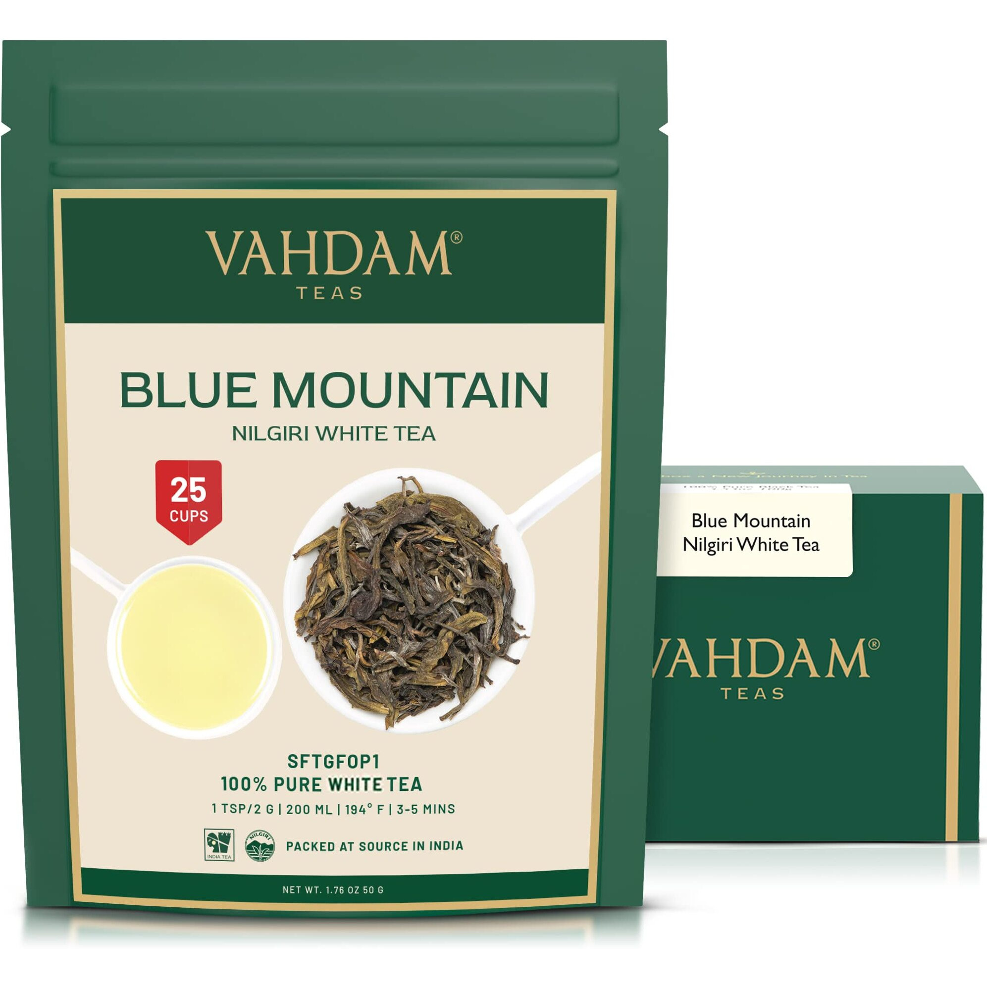 Vahdam, Exotic White Tea Leaves From The Blue Mountains (25 Cups/1.76Oz) 100% Pure White Tea Loose Leaf - Mellow & Delicious | Pure Unblended Loose Leaf Tea | Vacuum Sealed