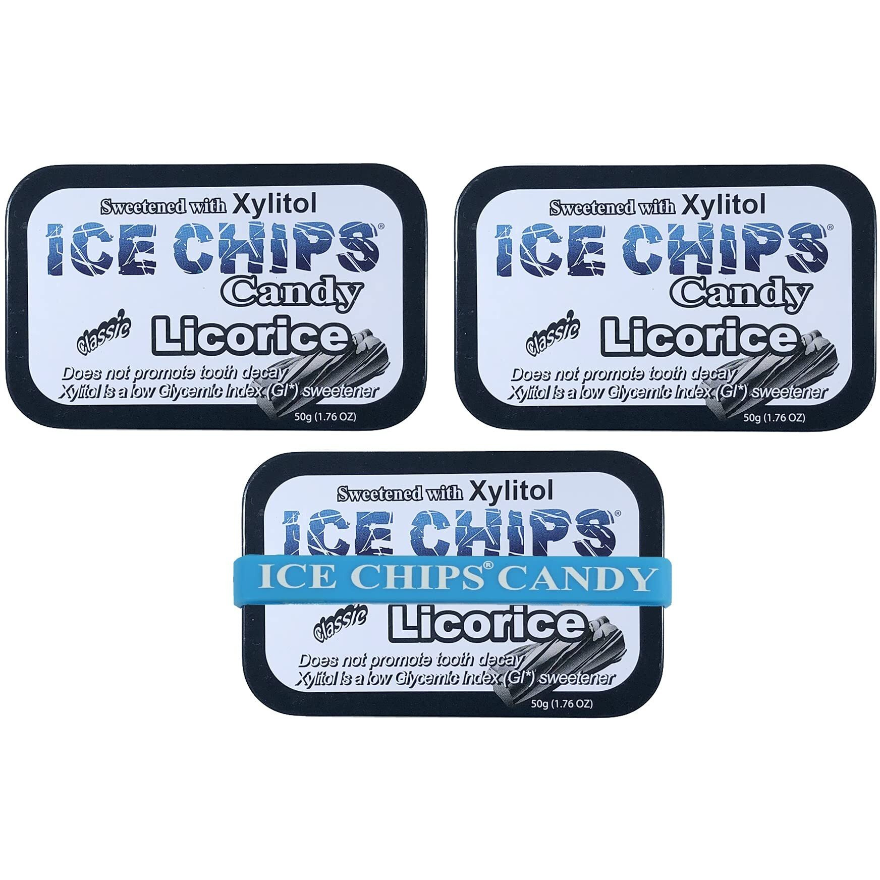Ice Chips Xylitol Candy Tins 5.28 Oz Total (Licorice, 3 Pack) - Includes Band As Shown