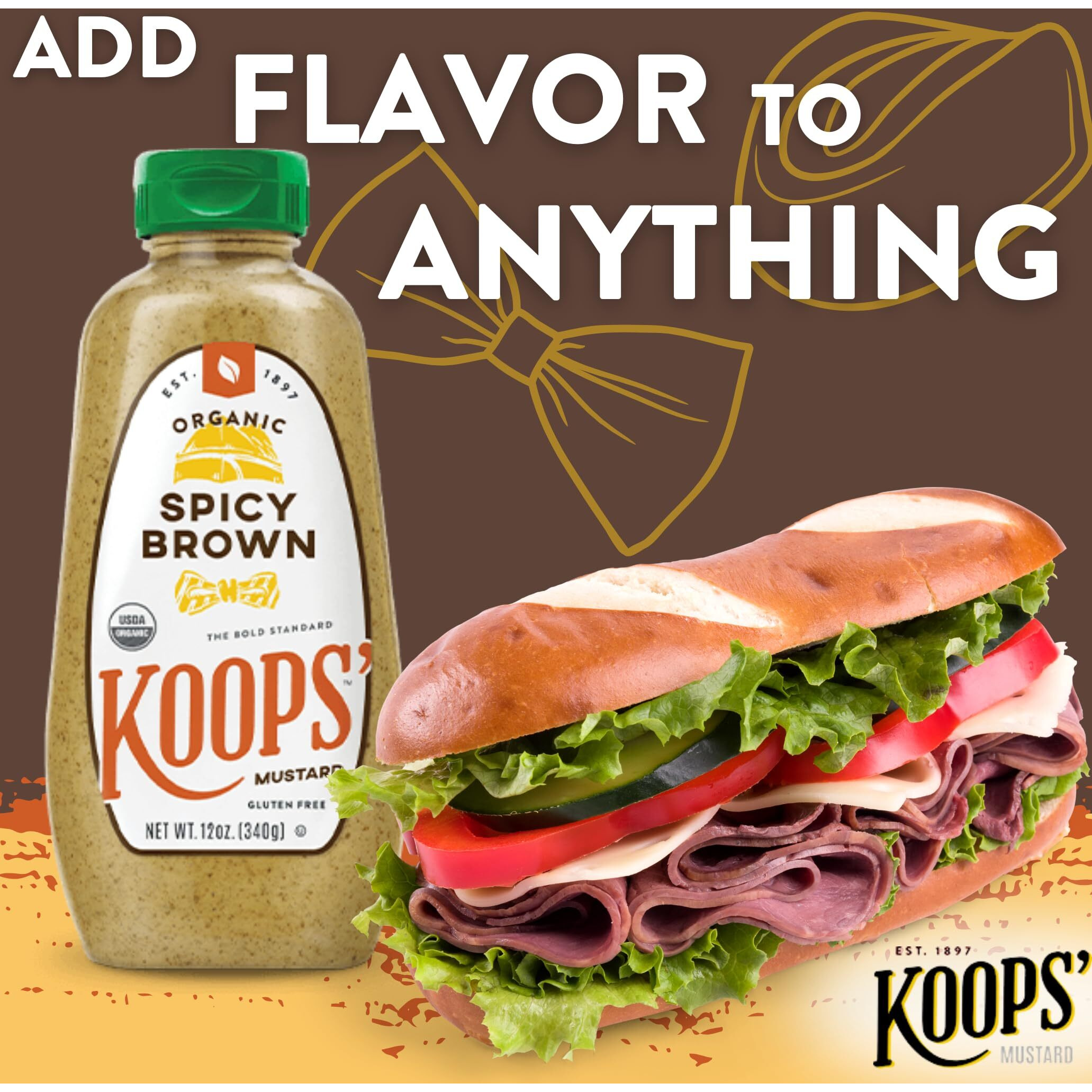 Koops' Organic Spicy Brown Mustard - Bold And Brown Mustard Sauce, Gluten-Free, Kosher, Usda Certified Organic, Made In Usa, From Quality Mustard Seeds - 12 Oz, Pack Of 1