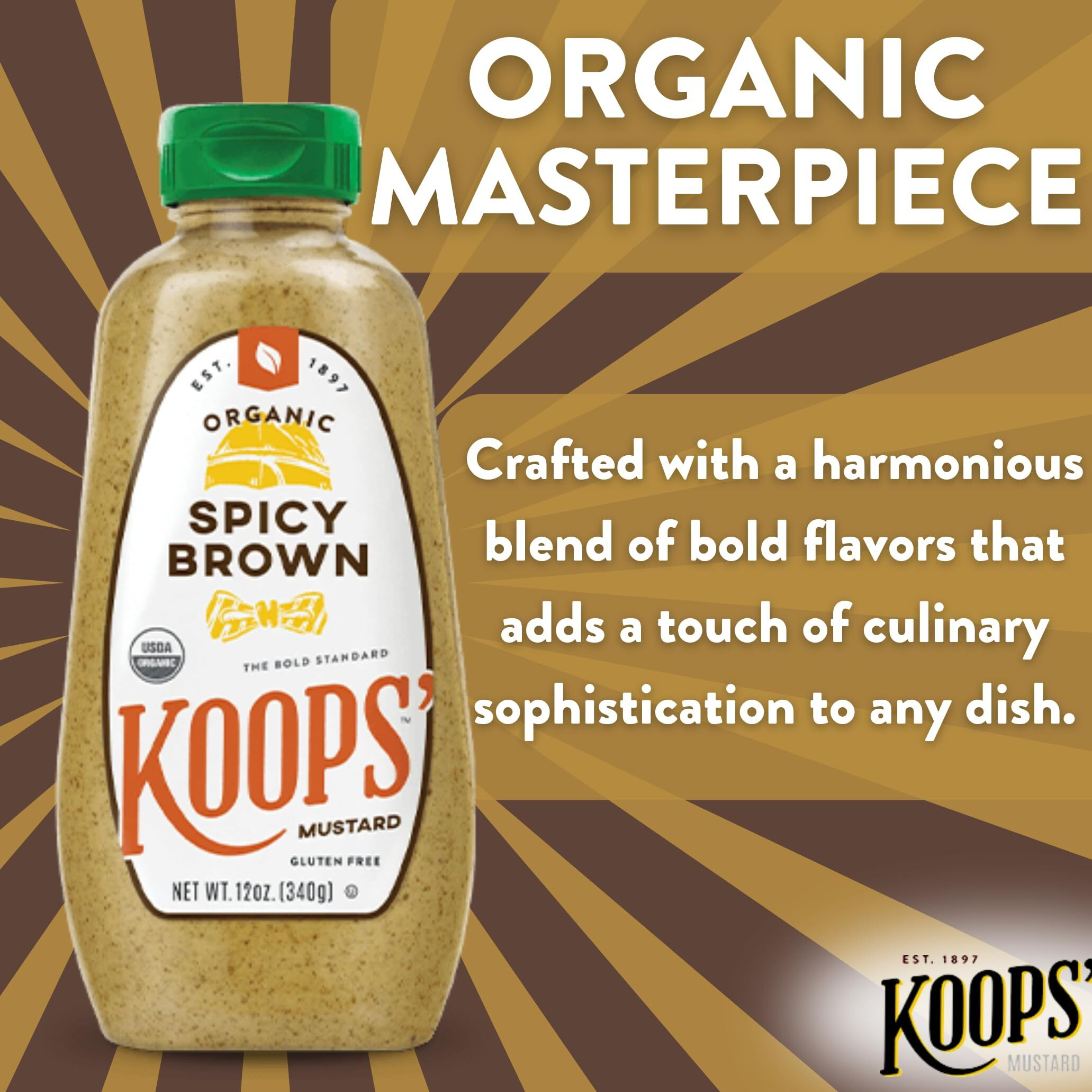 Koops' Organic Spicy Brown Mustard - Bold And Brown Mustard Sauce, Gluten-Free, Kosher, Usda Certified Organic, Made In Usa, From Quality Mustard Seeds - 12 Oz, Pack Of 1