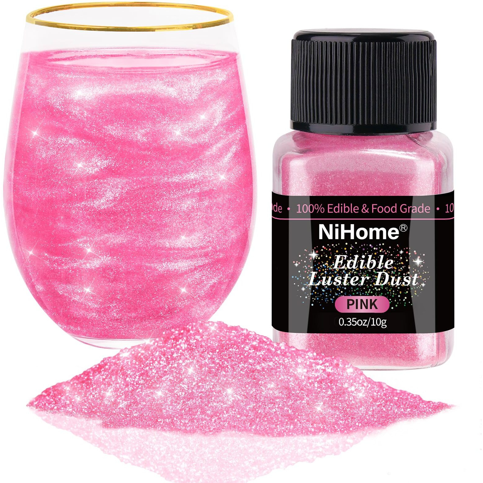 Nihome Edible Food-Grade Glitter Powder Glimmer Luster Dust Metallic Fancy Food Decorating Sprinkle Glimmery Dust For Drink Wine Beverage Cake Bakery Vegan Allergen-Free (Pink, 0.35Oz/10G)