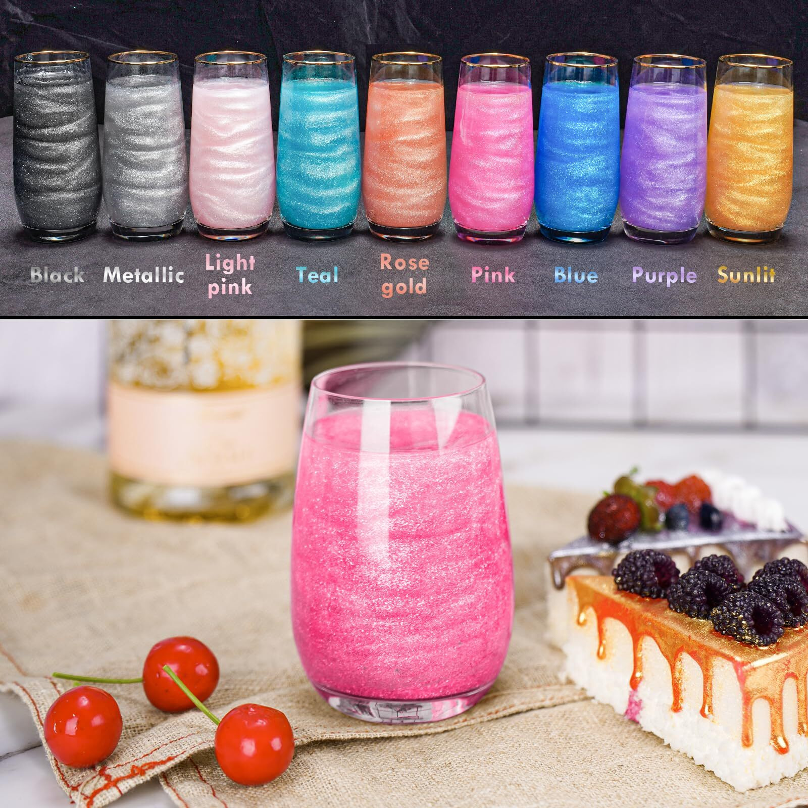 Nihome Edible Food-Grade Glitter Powder Glimmer Luster Dust Metallic Fancy Food Decorating Sprinkle Glimmery Dust For Drink Wine Beverage Cake Bakery Vegan Allergen-Free (Pink, 0.35Oz/10G)