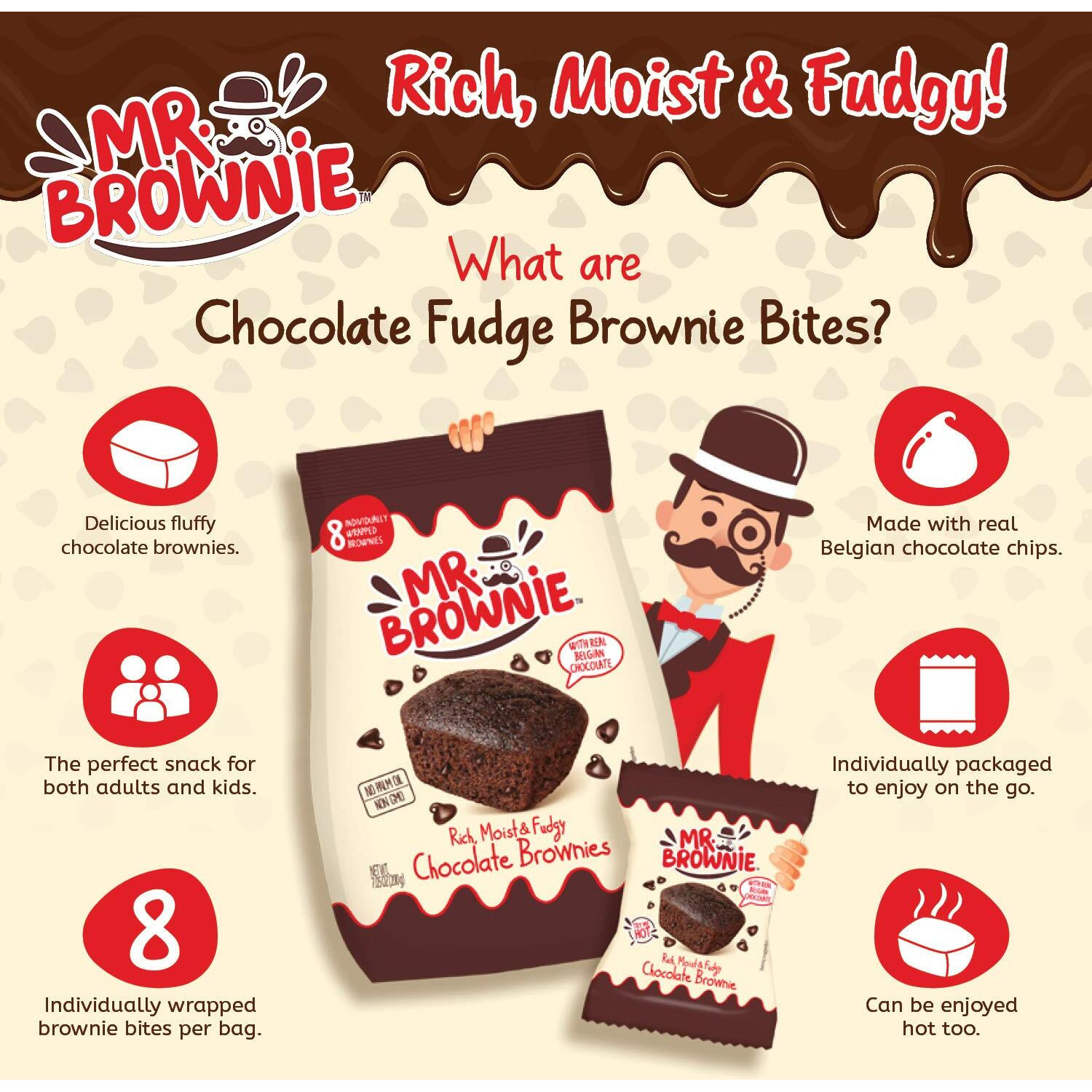 Mr. Brownie Chocolate Brownies | 8 Individually Wrapped Brownie Bites | Snack Packs For Kids & Adults | Real Belgian Chocolate