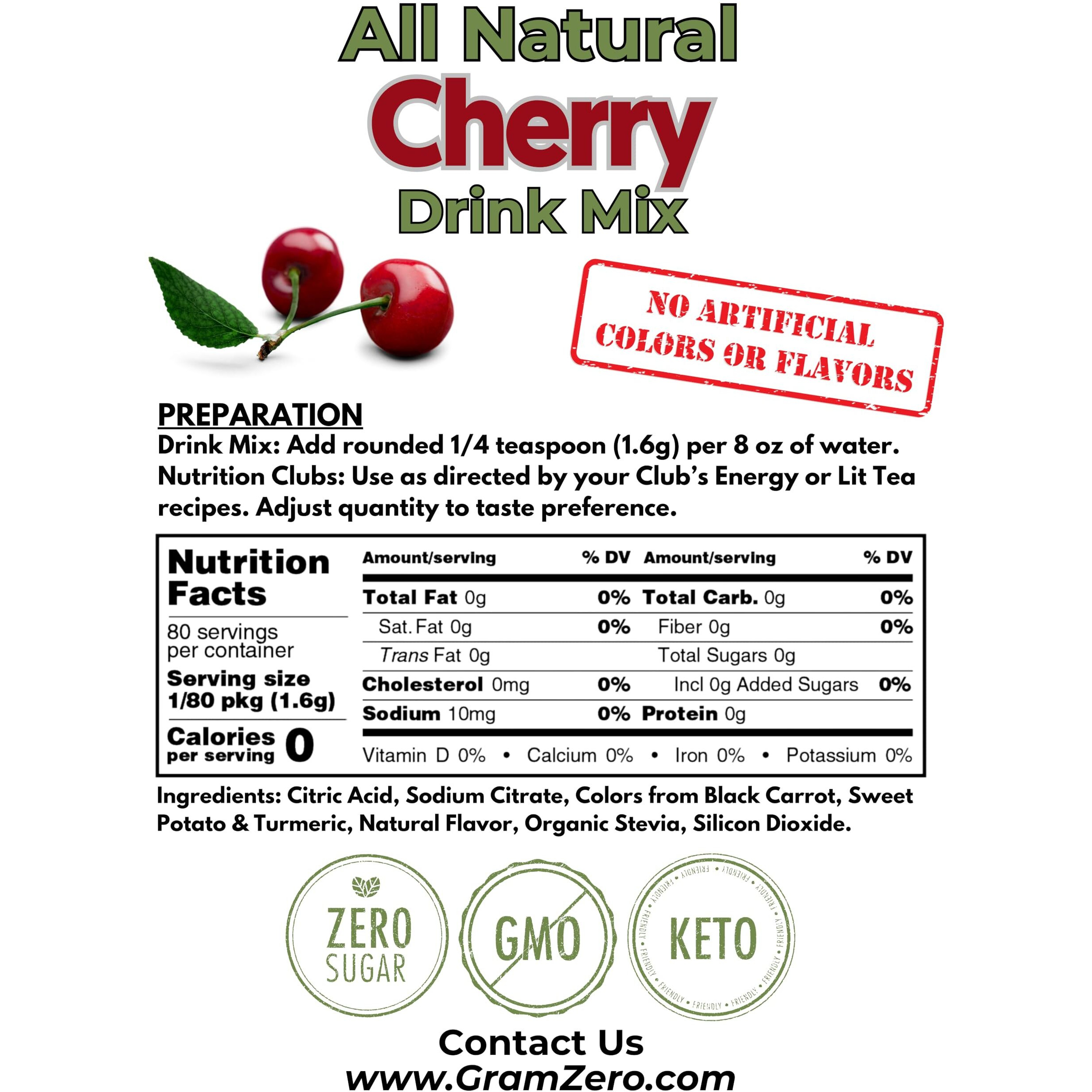 Gramzero All Natural Cherry Zero Calorie Sugar Free Drink Mix, Great For Nutrition Club Loaded Tea, Stevia Sweetened