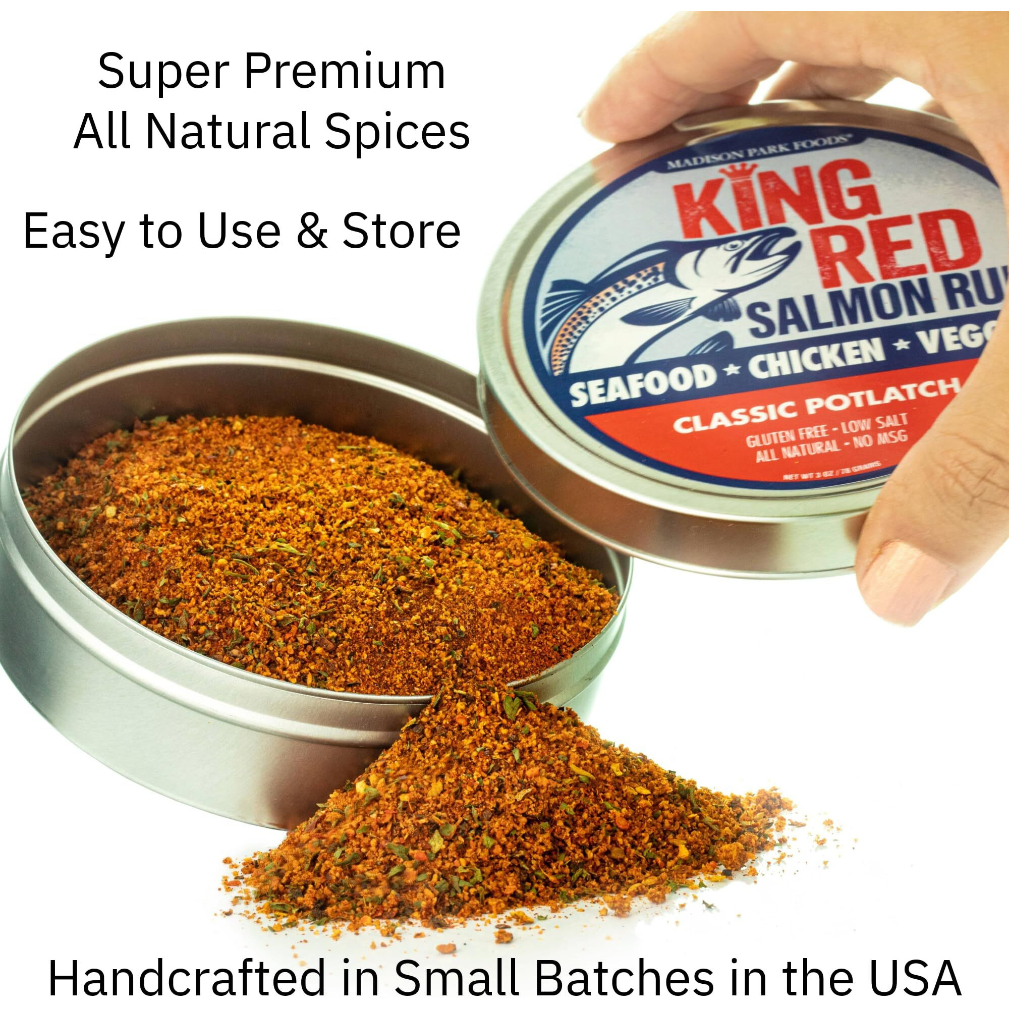 King Red Salmon Rub-Classic Potlatch Seasoning Dry Spice Blend-Restaurant Grilled Seafood And Fish-All Natural, Gluten Free, Keto, Low Sodium, No Msg-Madison Park Foods, 3 Oz Tin