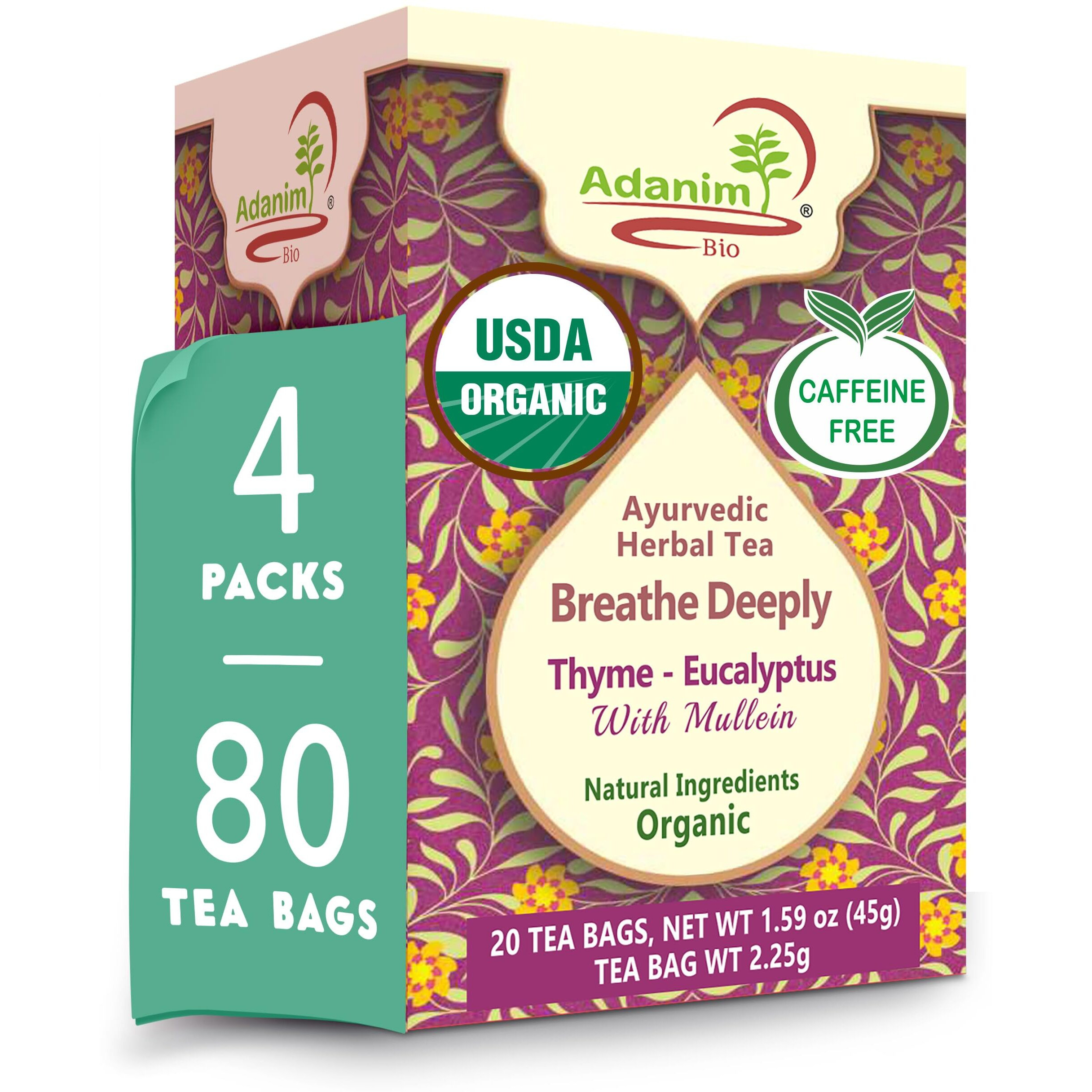 Adanim Bio Eucalyptus Mullein Tea, 40 Teabags Of Organic Eucalyptus, Thyme, And Mullein. Providing Health Benefits To The Lungs. Usda-Certified And Kosher Tea