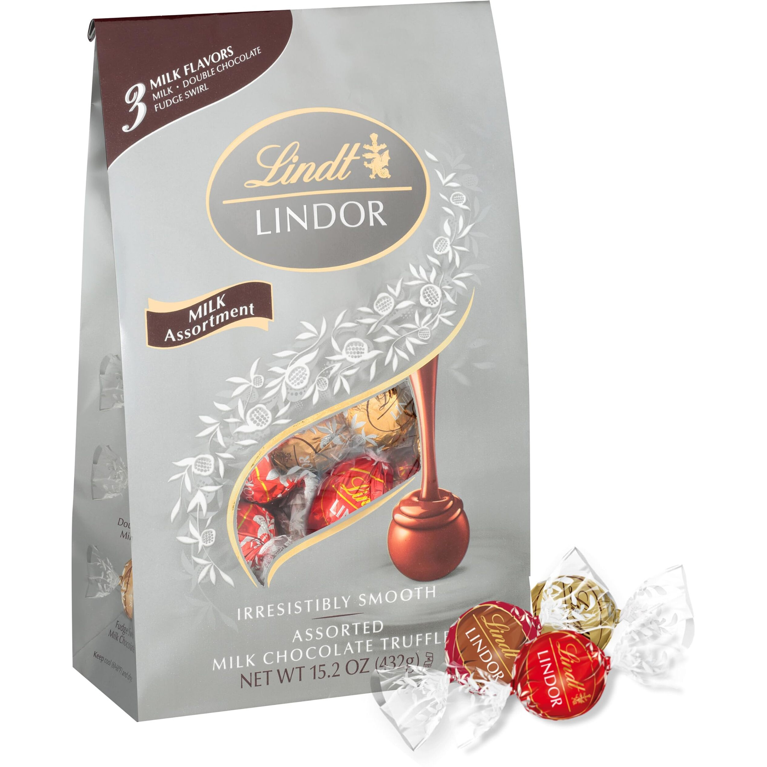 Lindt Lindor Milk Assorted Chocolate Candy Truffles, Chocolate Candy With Smooth, Melting Truffle Center, 15.2 Oz. Bag