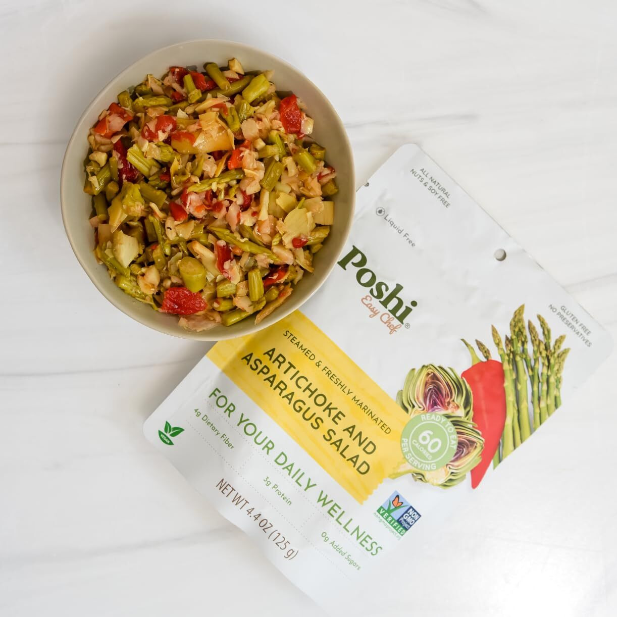 Poshi Artichoke & Asparagus Salad | All Natural, Keto, Vegan, Paleo, Non Gmo, Low Carb + Calorie, Gluten Free, Rady To Eat, Fully Cooked Vegetables, Pentry Food, Gourmet, Healthy, Travel Food (6 Pack, 4.4 Oz)