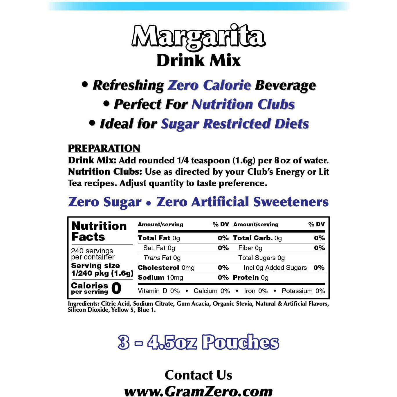 Gramzero Margarita Zero Calorie Sugar Free Drink Mix, Great For Nutrition Club Loaded Teas, Stevia Sweetened