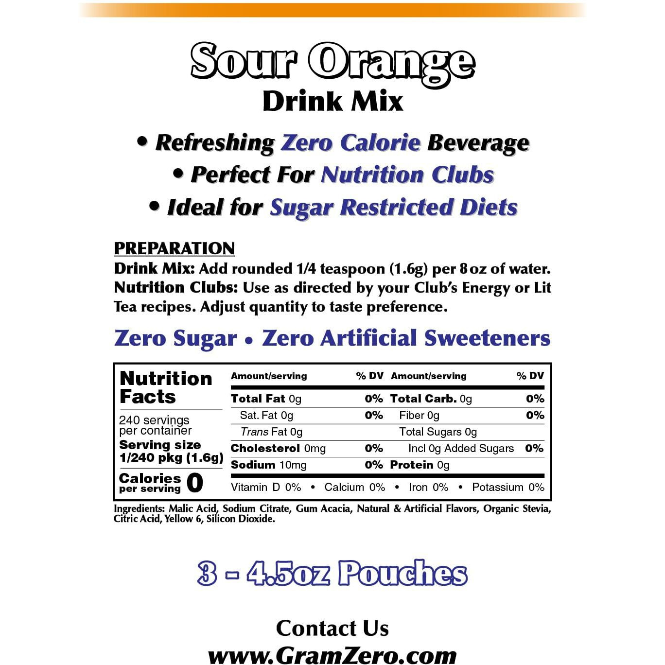 Gramzero Sour Orange Zero Calorie Sugar Free Drink Mix, Great For Nutrition Club Loaded Tea, Stevia Sweetened