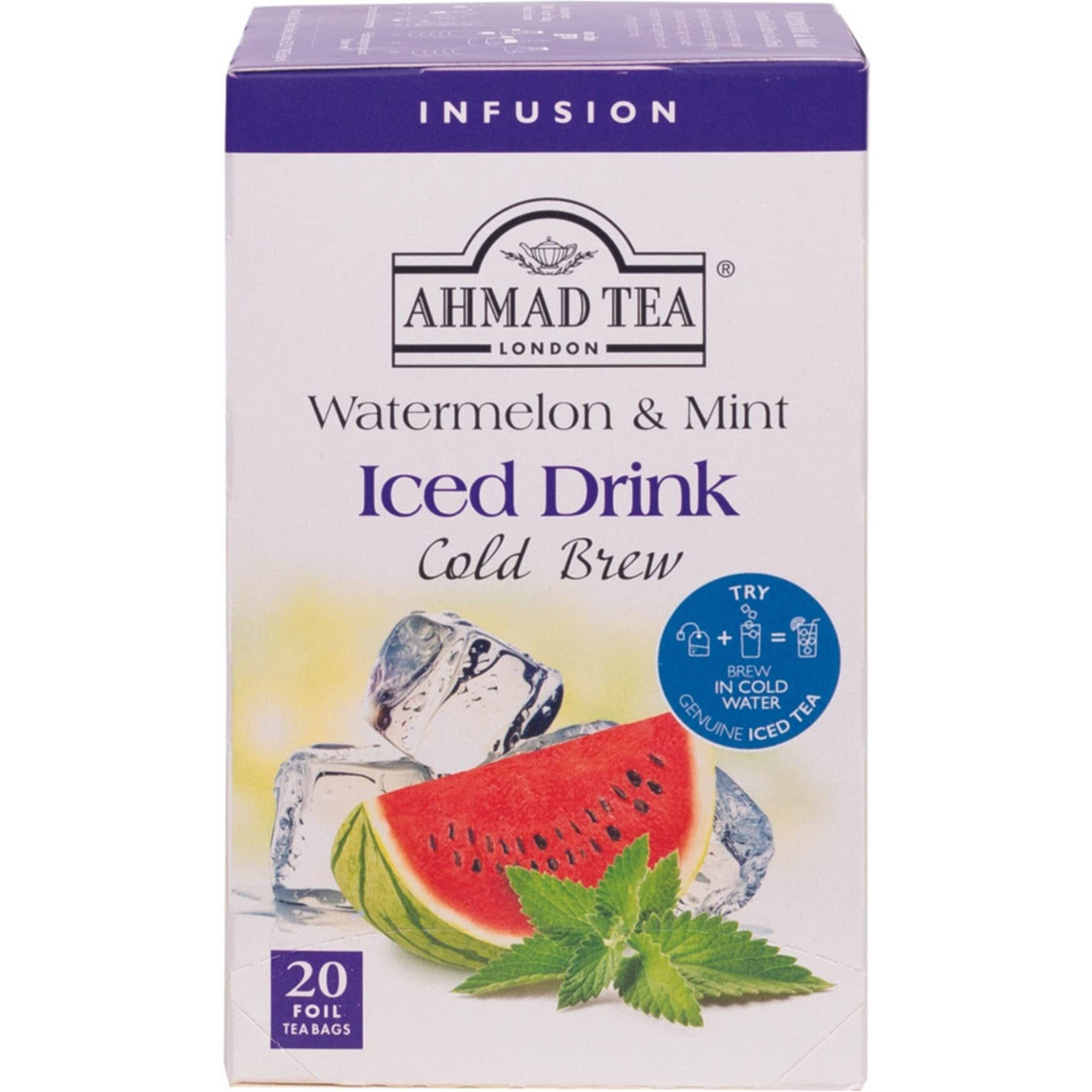 Ahmad Tea Herbal Tea, Cold Brew Watermelon & Mint Teabags, Iced Tea, 20 Ct (Pack Of 6) - Decaffeinated