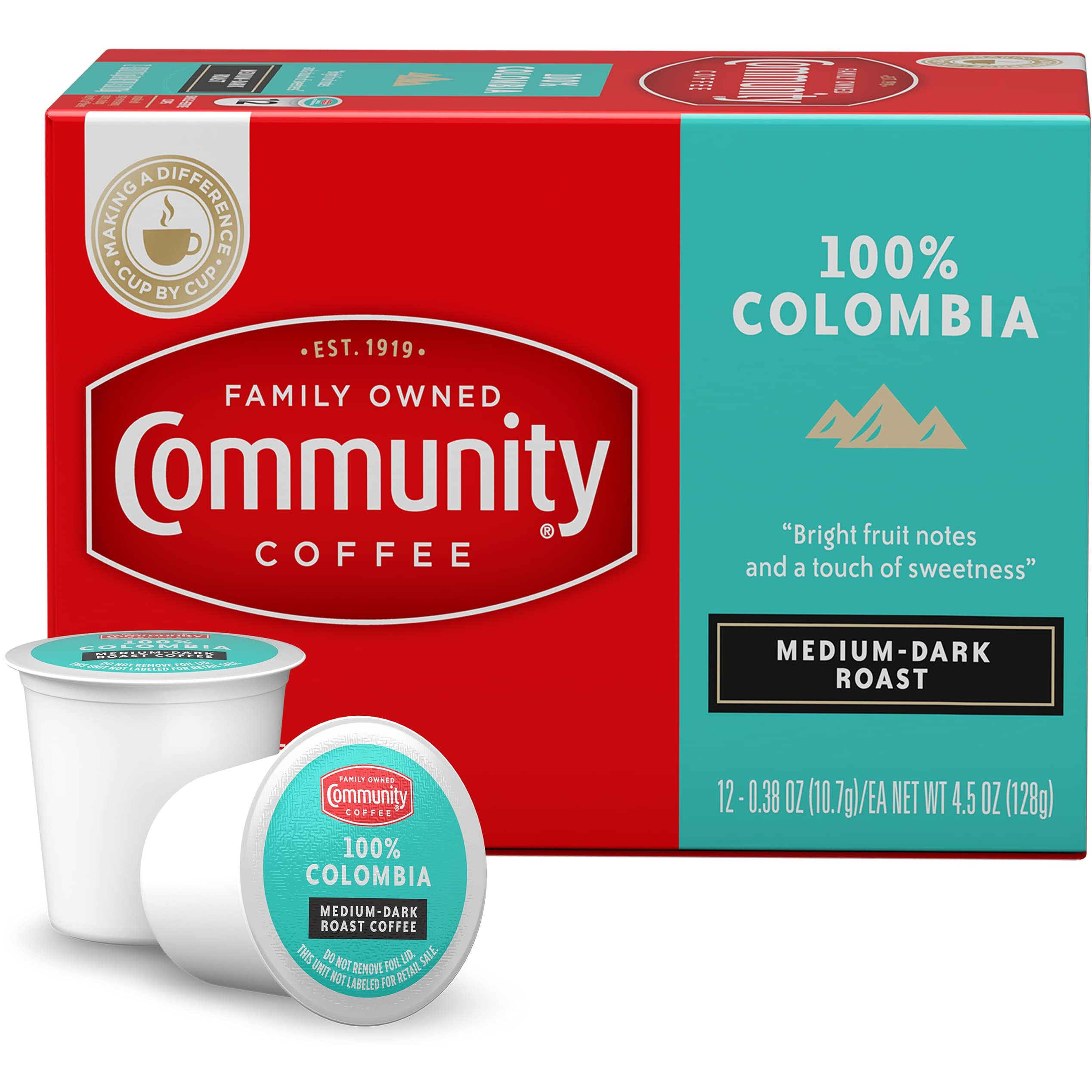 Community Coffee 100% Colombia 12 Count Coffee Pods, Medium-Dark Roast, Compatible With Keurig 2.0 K-Cup Brewers, Box Of 12 Pods