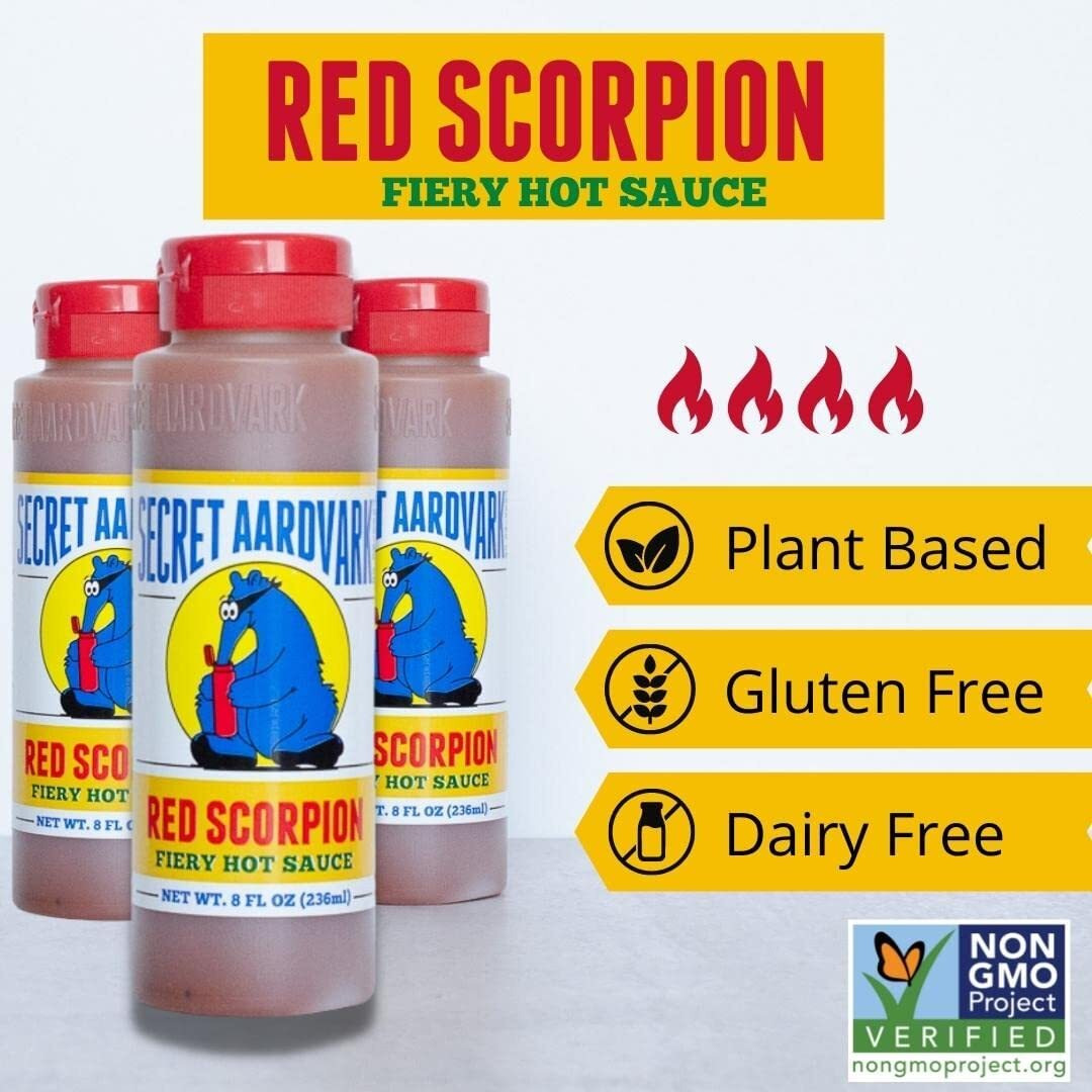 Secret Aardvark Red Scorpion Hot Sauce - Hottest Hot Sauce, Low Carb, Dairy Free, Spicy Bbq Sauce, Gluten-Free Hot Sauce & Marinade - 8 Fl Oz 1 Pack
